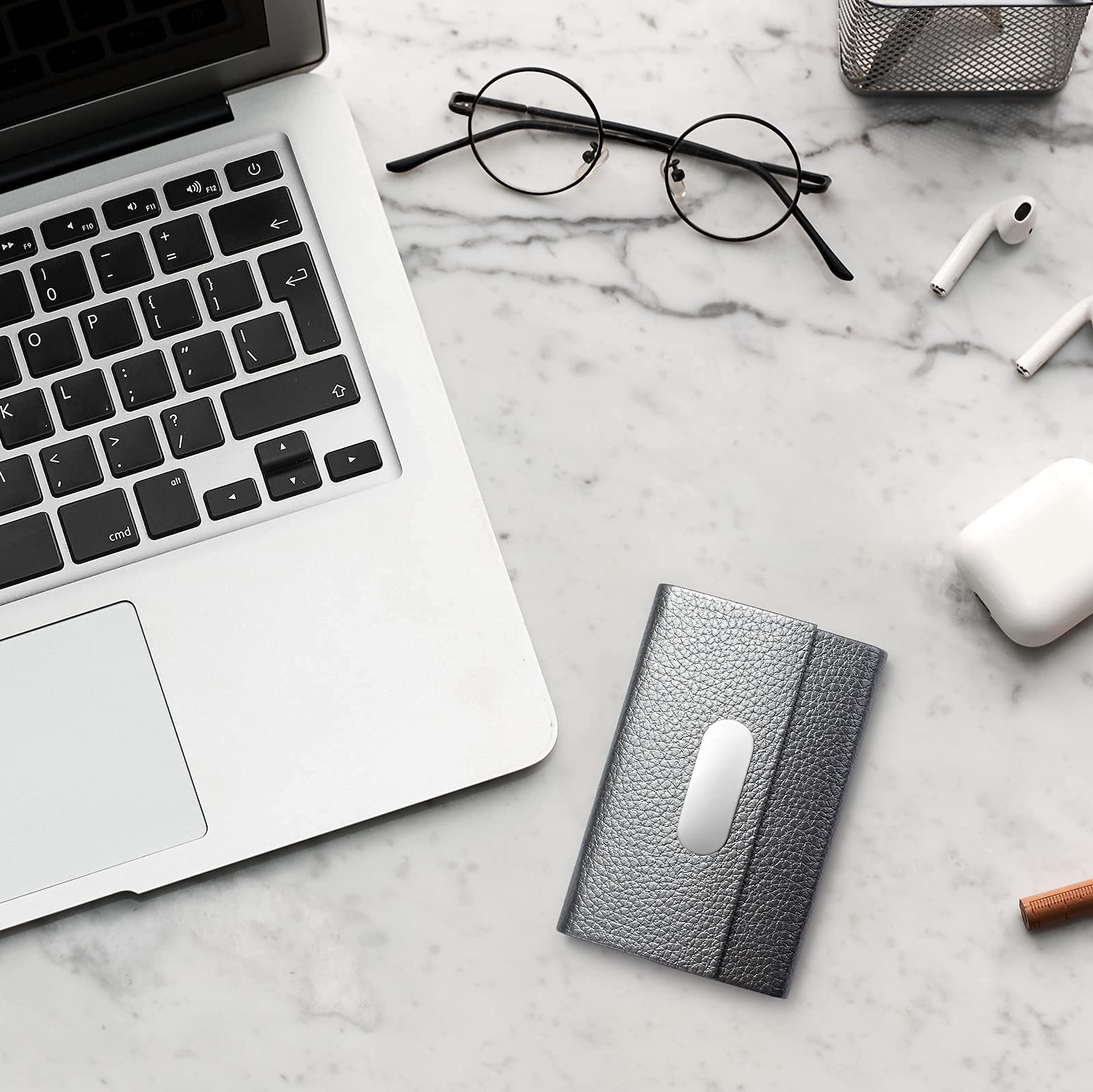 Porta biglietti da visita in pelle PU e acciaio inox con chiusura magnetica Grigio
