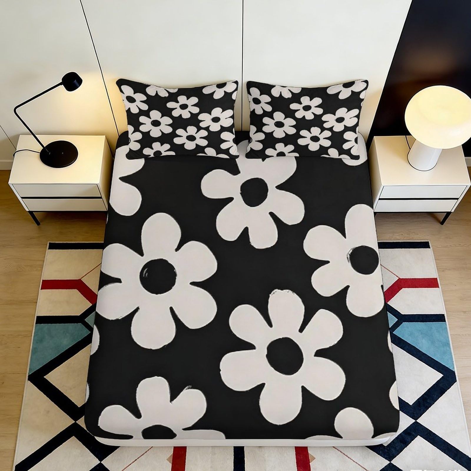 3D Printed floral fitted sheet, black and white daisy pattern, microfiber soft touch, wrinkle resistant, home decor, guest room bedding 180x200x25cm