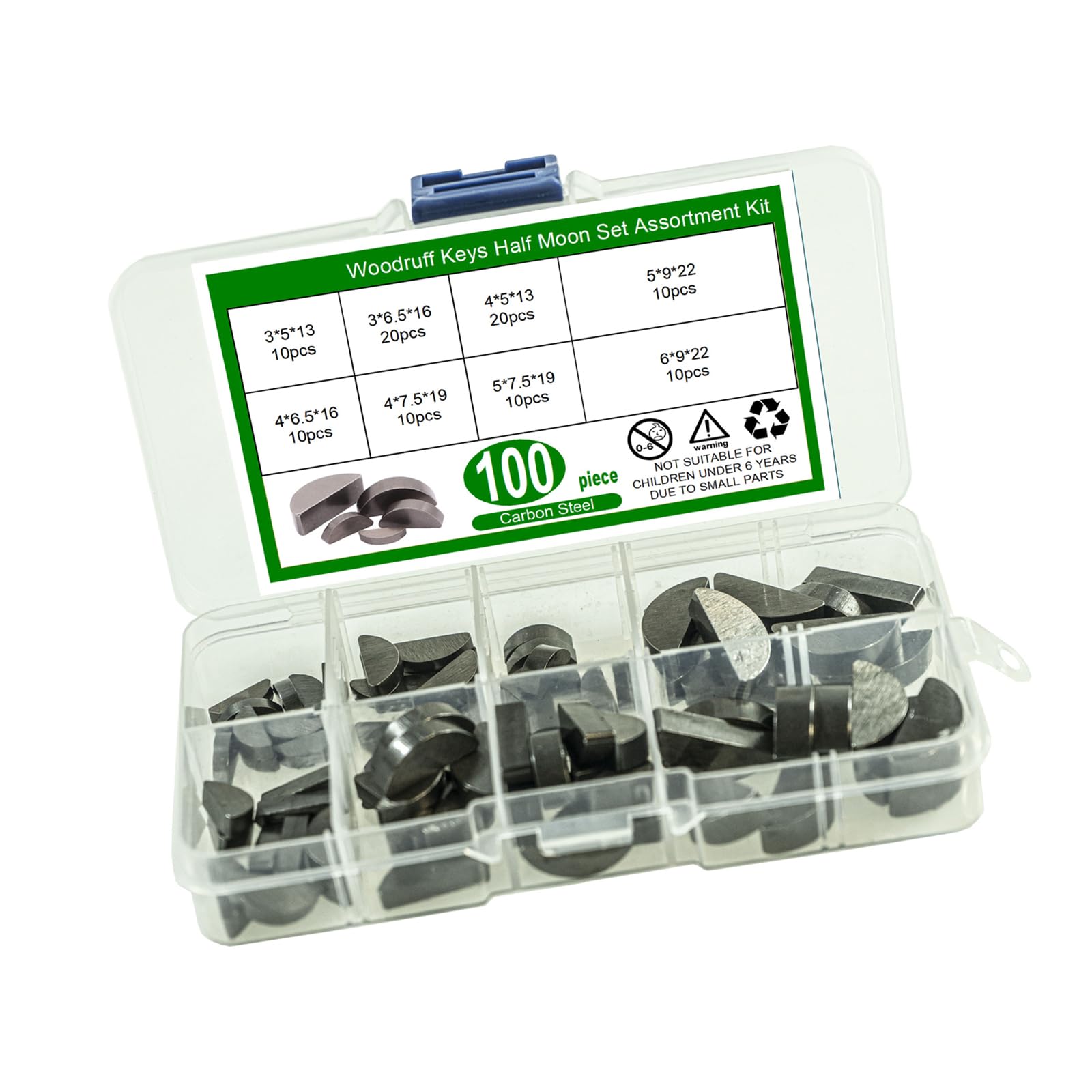 100Pcs Industrial Heavy Duty Woodruff Pack Measurement Carbon Steel Fastener for Machinery Maintenance Repair Use Woodruff Hardware Set