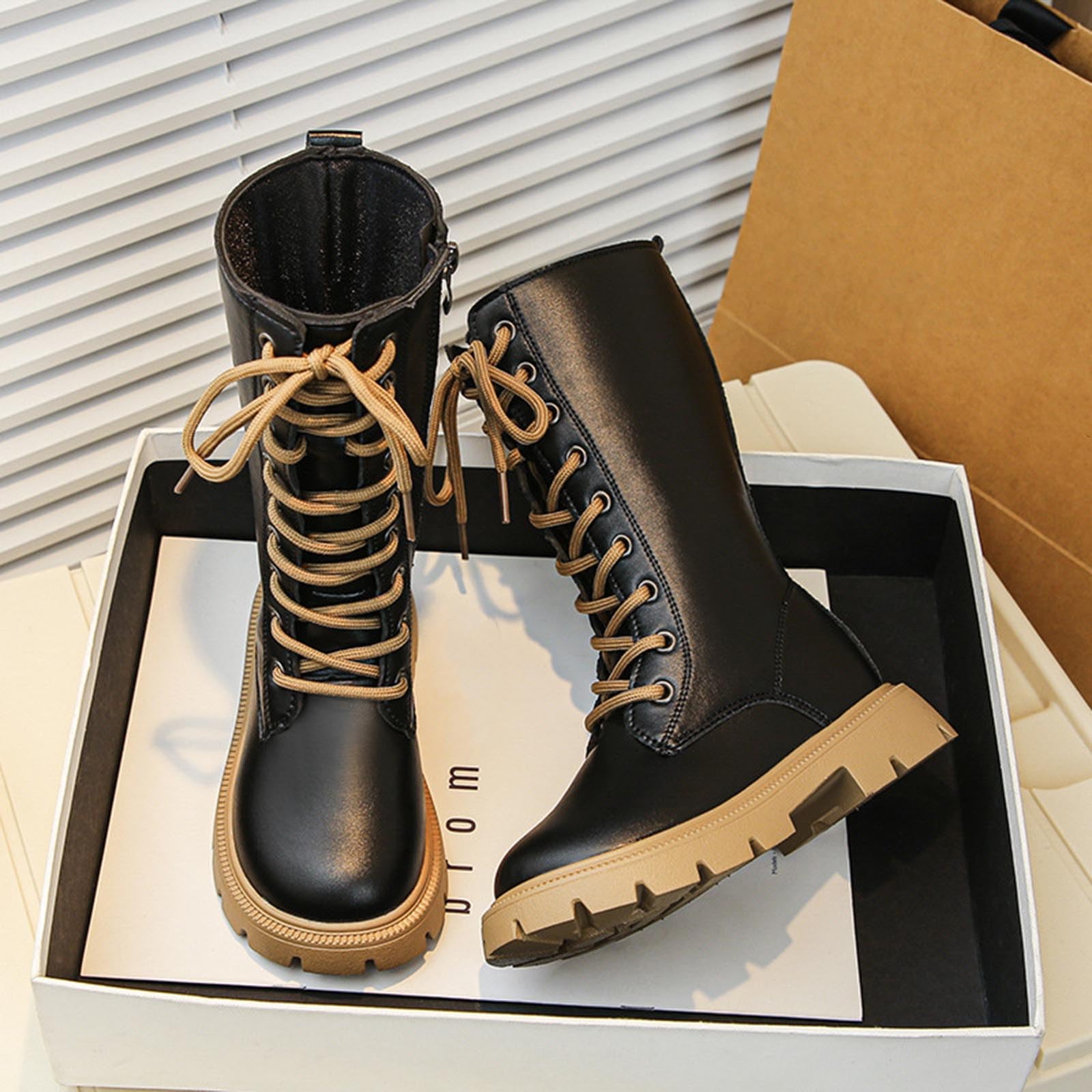 HAOLEI Botas Niña Otoño e Invierno Botas Alta de Piel con Cordones y Cremallera Lateral Moda Bota de Media Caña de Charol Cálido Antideslizante Estilo Británico Zapatos de Cuero para La Escuela