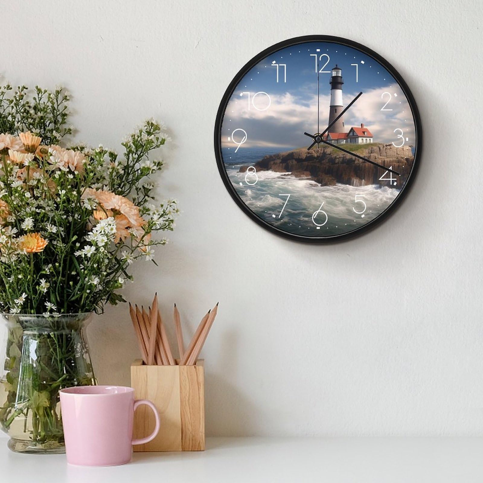 VIDI Horloge murale en forme de phare de mer, horloge murale silencieuse à piles, 25,4 cm, horloge analogique moderne sans tic-tac, décoration pour cuisine, bureau, salle de bain, chambre à coucher