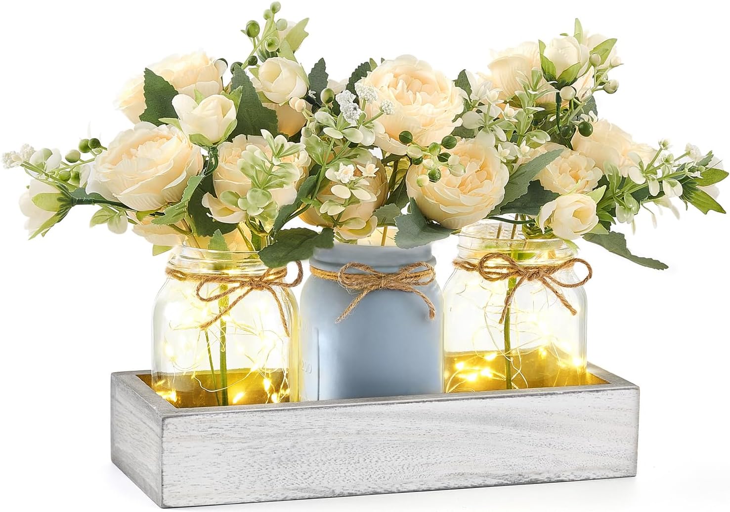 Mkono Mason Jar Lights Centerpiece Table Decor for Dining Room Farmhouse Wood Tray with 3 Jars Flowers Center Pieces Spring Decor for Coffee Table Kitchen Living Room, Grey Blue