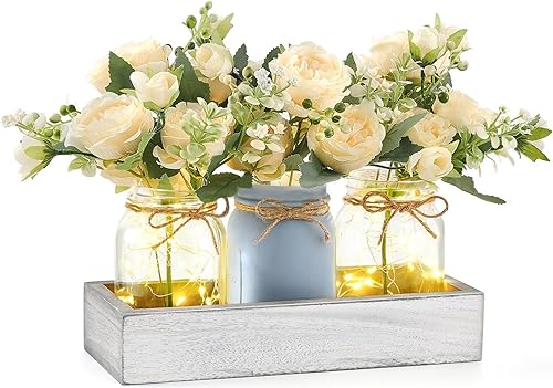 Miniatura 7 de Mkono Luces de Frasco Mason Centro de Mesa Decoraciones de Mesa para Comedor Decoración de Mesa de Café Estilo Granja Bandeja con 3 Frascos Centros