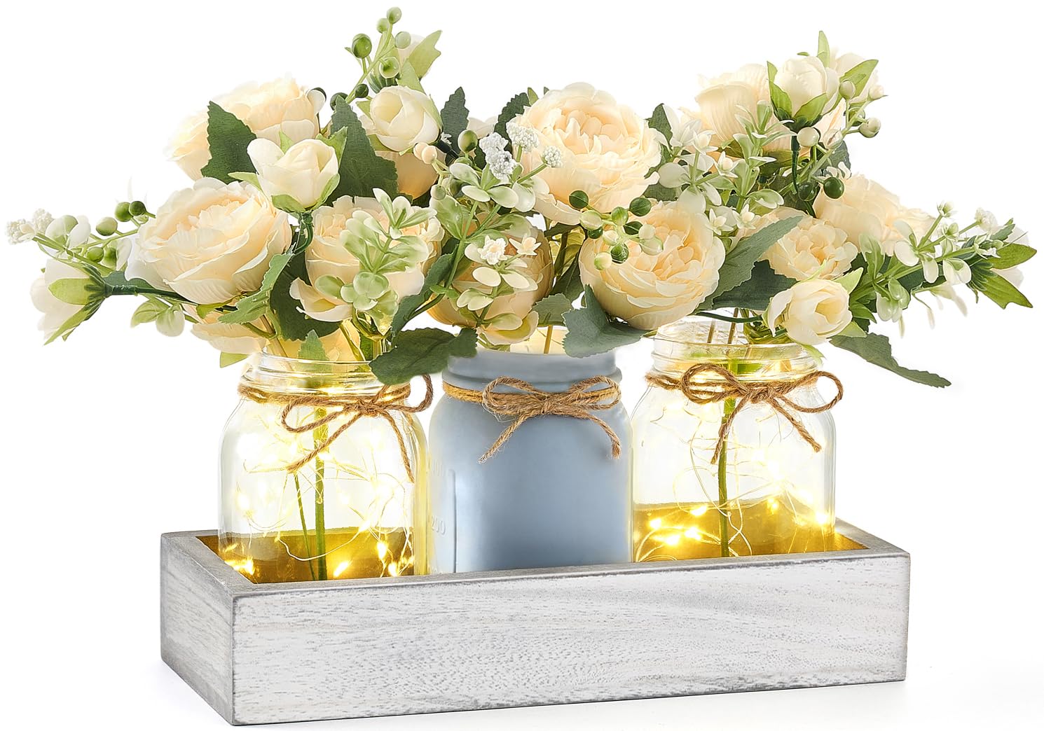 Mkono Mason Jar Lights Centerpiece Table Decor for Dining Room Farmhouse Wood Tray with 3 Jars Flowers Center Pieces Spring Decor for Coffee Table