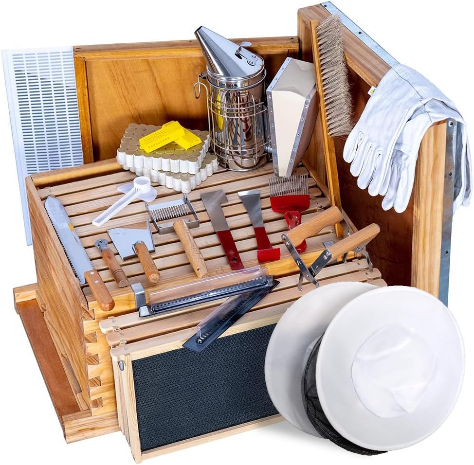 MayBee Beehive Starter Kit 8 Frame Beehive Kit Wax Coated Bee Hives and Supplies Wax Coated Bee Hives Boxes Starter Kit Including Beekeeping Tools with Beekeeping Hat