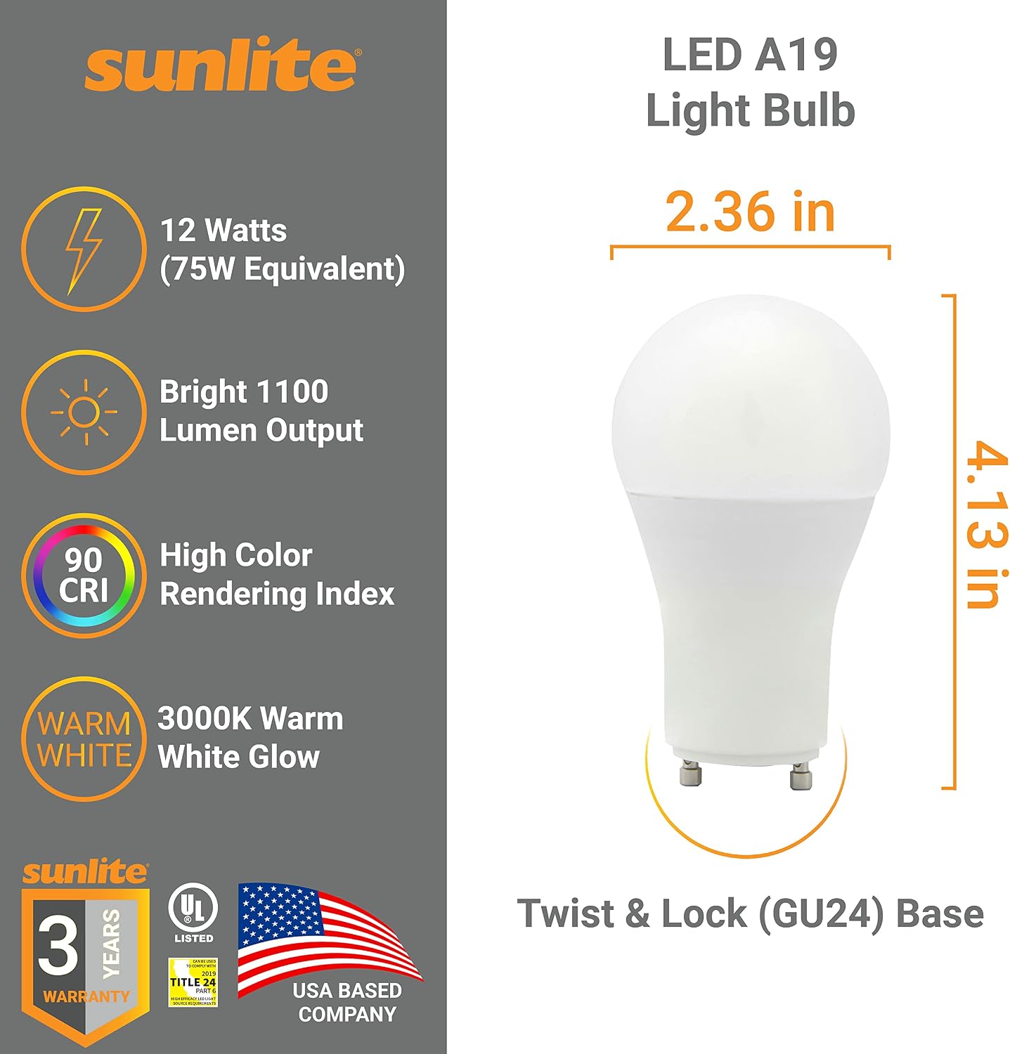 Sunlite 82100 LED A19 Light Bulb, 12 Watts (75 Watts Equivalent), 1100 Lumens, 120 Volts, Dimmable, GU24 Base, 90 CRI, Title-24 Compliant, UL Listed, 3000K Warm White, 6 Pack image 2