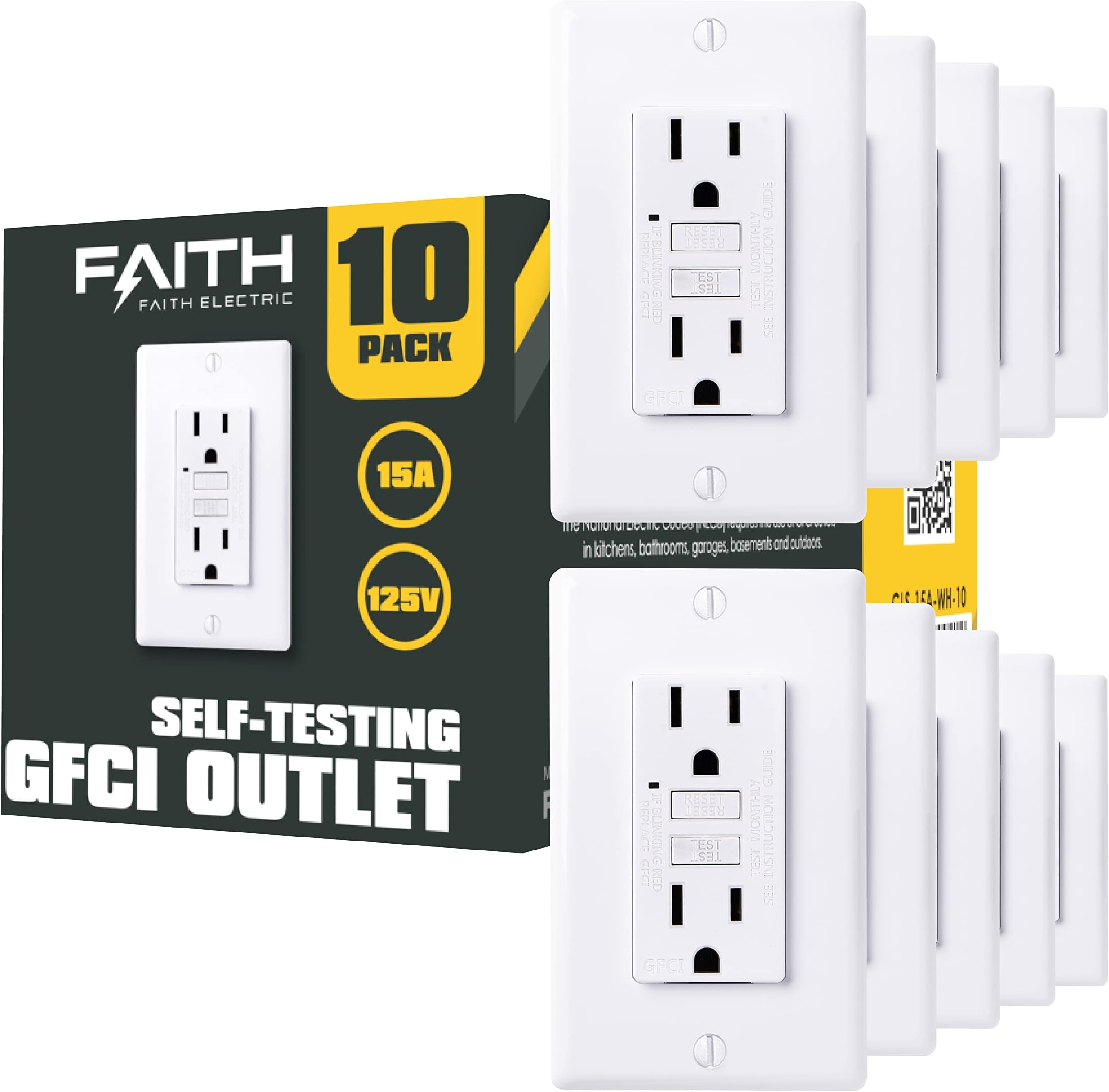 15 amp self-testing GFCI outlet with indicator light, wall plate included