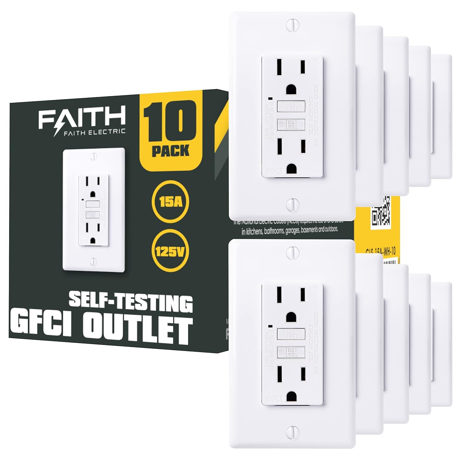 Faith [10-Pack] 15A GFCI Outlets, ETL Listed, Non-Tamper-Resistant GFI Duplex Receptacles with LED Indicator, Self-Test Ground Fault Circuit Interrupter with Wall Plate, White, 10 Piece