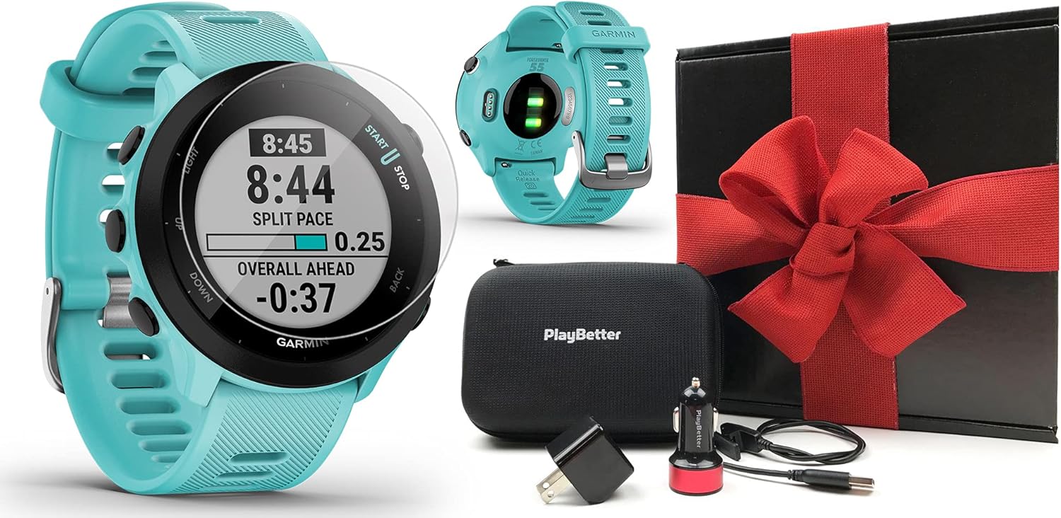 Garmin Forerunner 55 (Aqua) GPS Running Watch Power Bundle | Includes PlayBetter Portable Charger & HD Screen Protectors | 2021 Running Watch | Heart Rate, PacePro, Accurate GPS | 010-02562-02 : Electronics