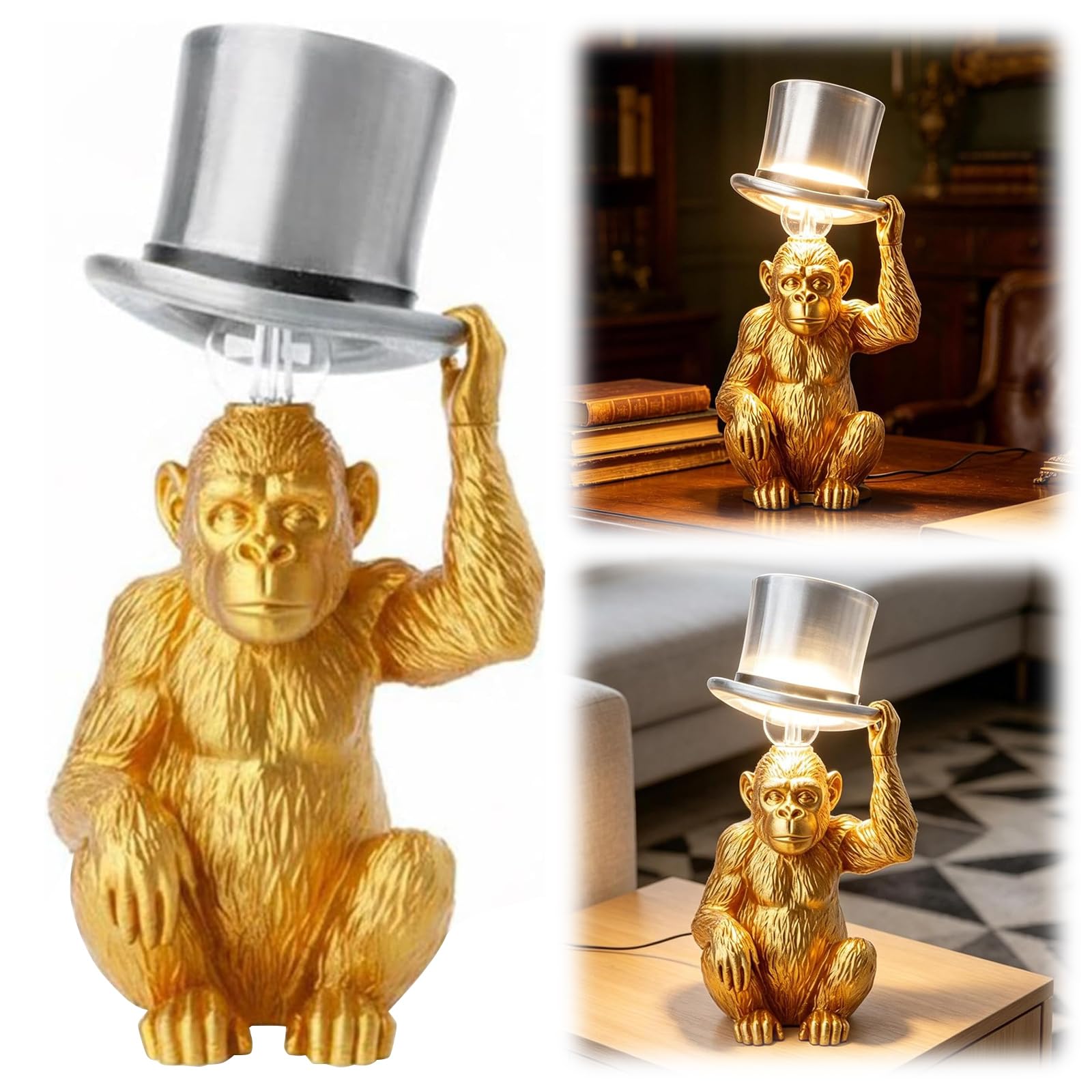 Małpa lampa stołowa z kapeluszem zwierzę lampa biurkowa dla miłośników małp zabawna kreatywna lampa dekoracyjna do spania przedszkola biura i domu dekoracja (złota)