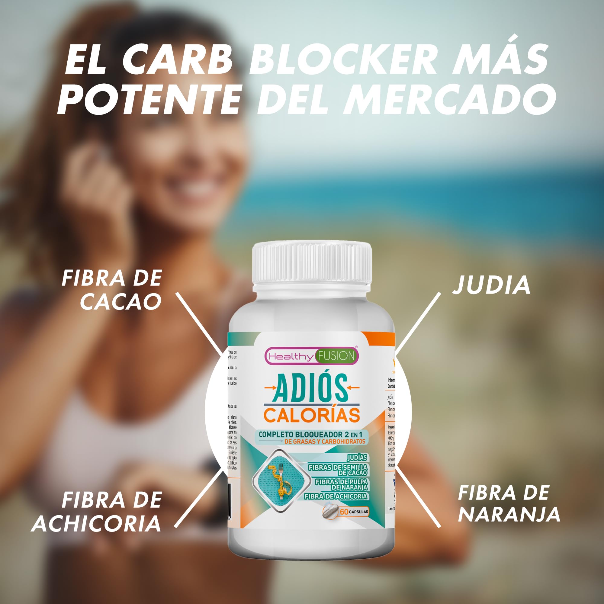 Adiós Calorías Healthy Fusion | Bloqueador de carbohidratos y grasas | Potente Adelgazante + Quemagrasas | Supresor y saciante del apetito | Elimina las dietas restrictivas | Formula natural | 60 Caps