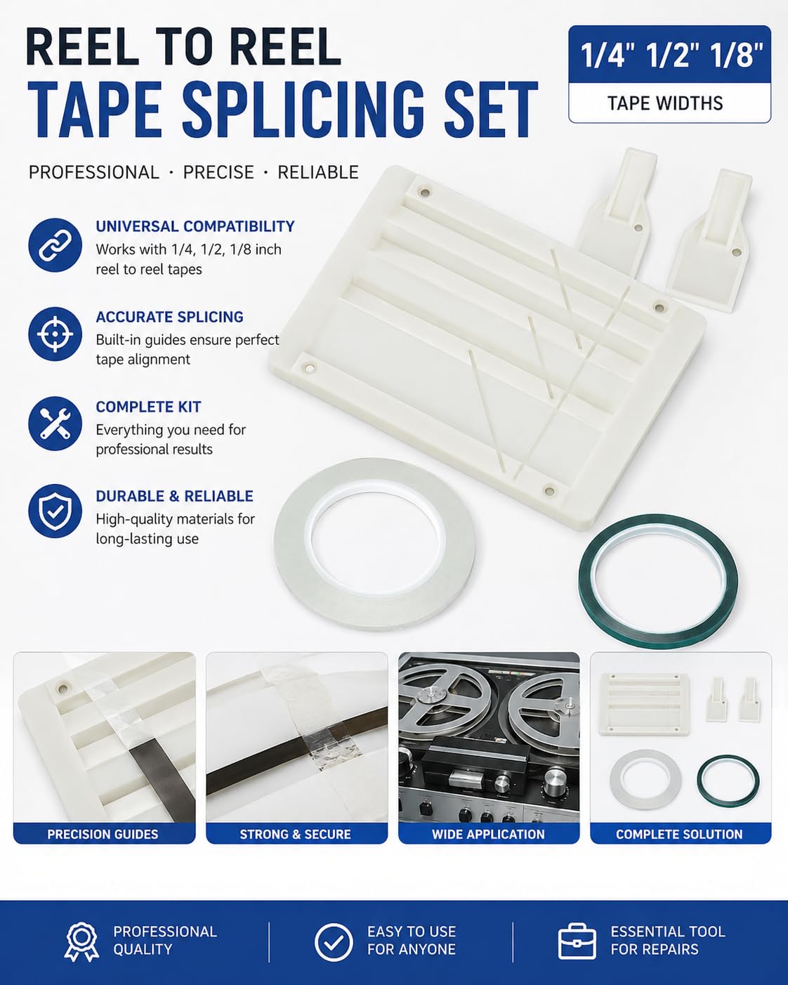 Band Spleißset mit Anschlussplatte und Schneidemesser | Kassettenband-Reparaturset Reel to Reel Tape Splicing Kit Bandspleißwerkzeug für 1/4 1/2 1/8 10 Zoll Kassetten Reparatur