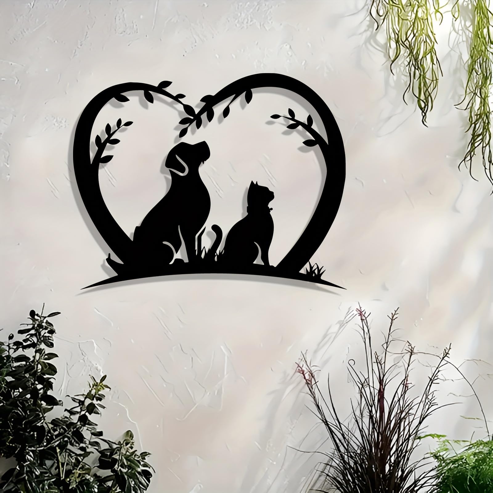 Decoración de pared abstracta contemporánea de metal con ramas de árbol y siluetas de mascotas, mural de escultura activa para interiores y exteriores, ideal para jardín, patio, sala de estar, ba