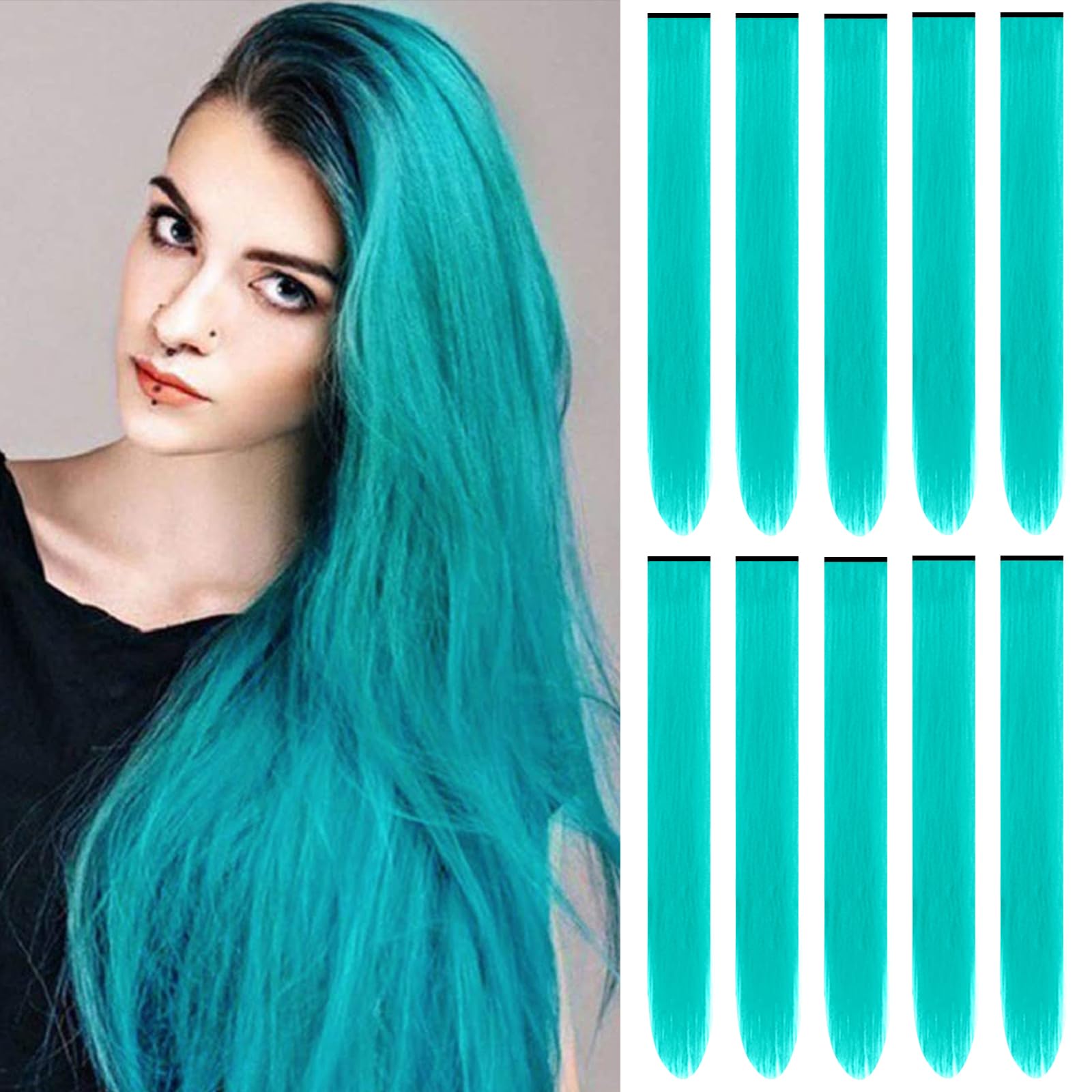 22 inch Colored Hair Extensions Straight Hairpiece, Multi-colors Party Highlights Clip in Synthetic Hair Extensions for Women Kids Girls(10 PCS Teal Blue)