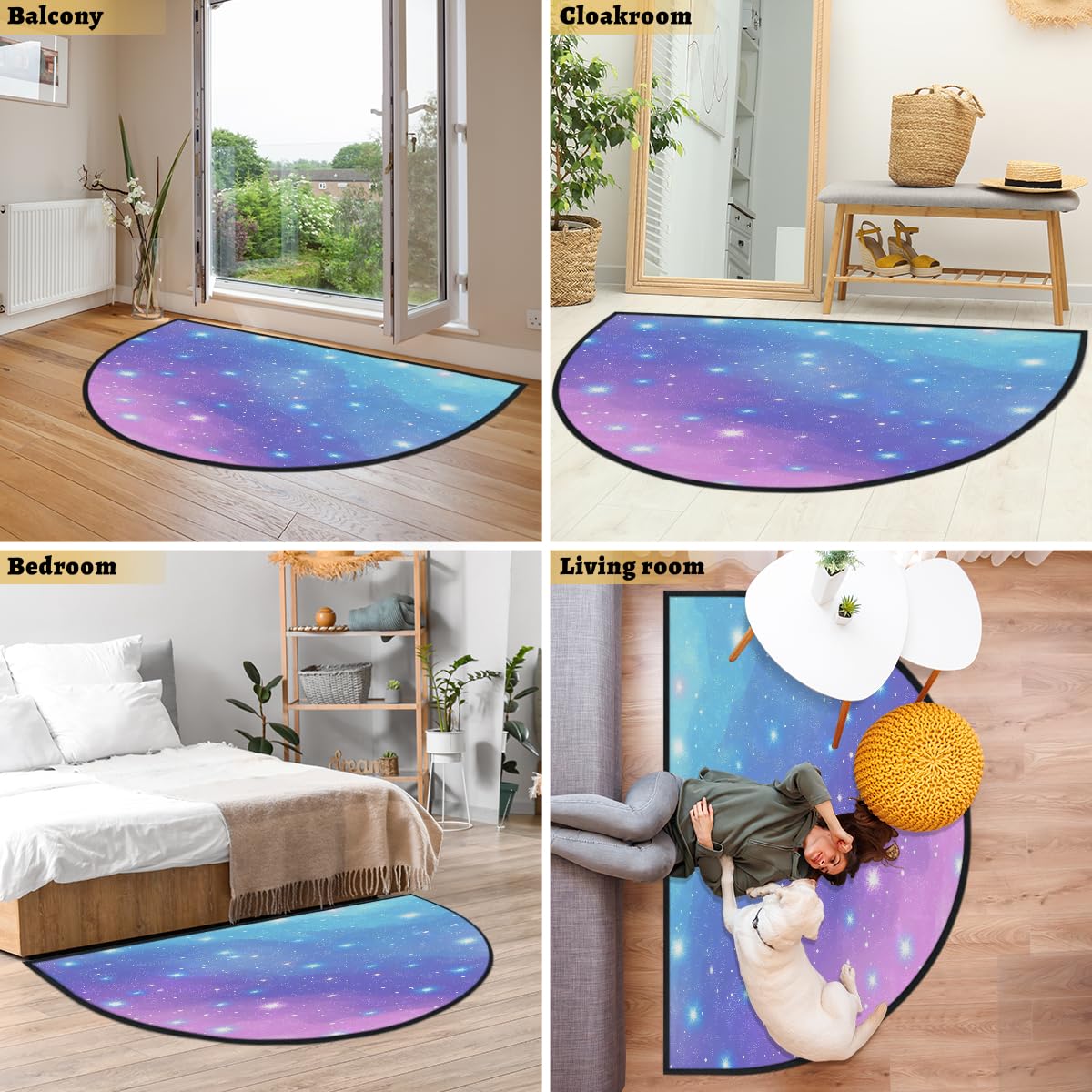 Mexpekil Paillasson demi-lune bleu et violet, motif galaxie, pour intérieur et extérieur, antidérapant, lavable, absorbant, anti-saleté, 100 x 160 cm