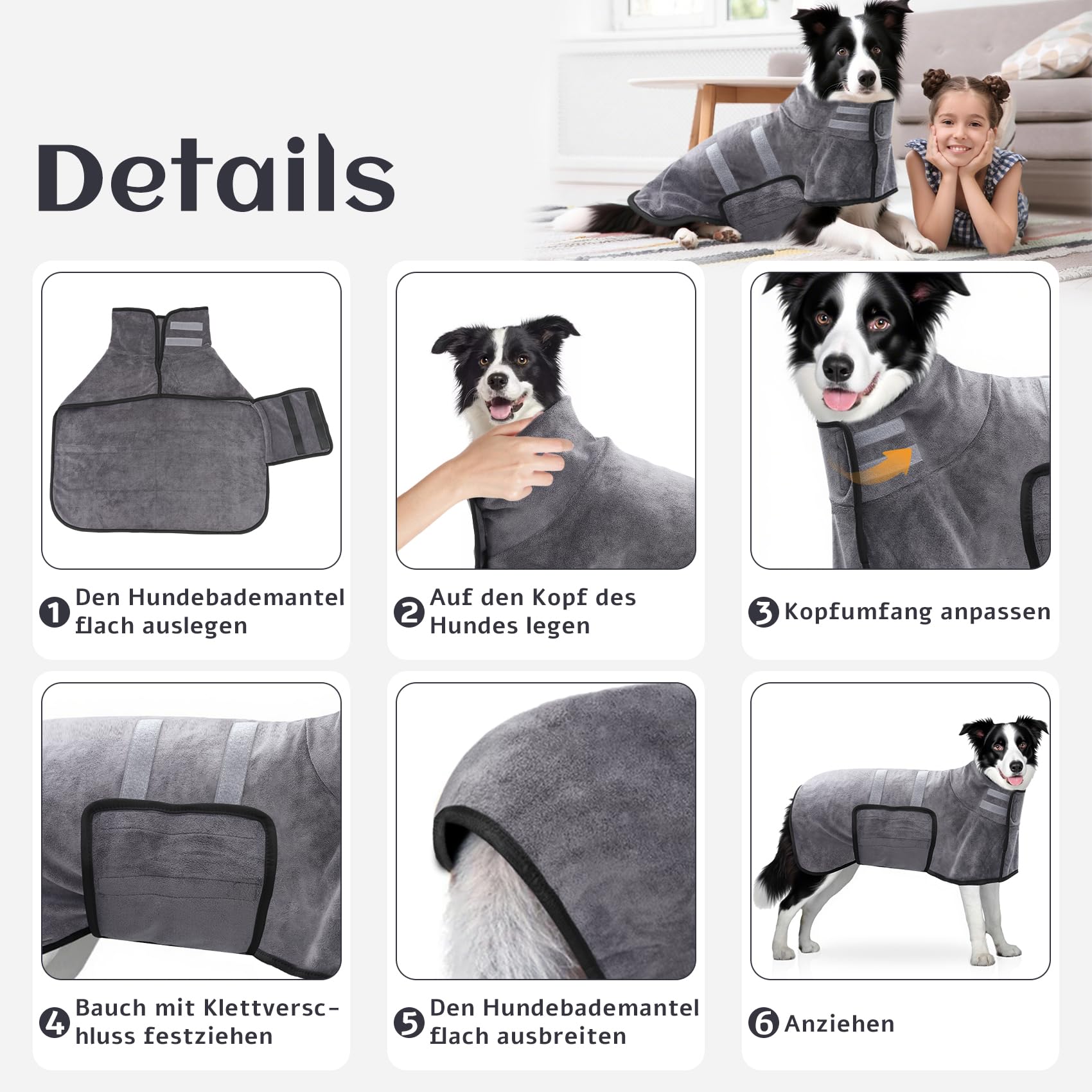 Hundebademantel, Hunde Bademantel Mikrofaser Schnelltrockend, Hundehandtuch mit Klettverschluss und Verstellbarem Schrumpfband, super saugfähiger Haustier Trockenmantel(Große Hunde)