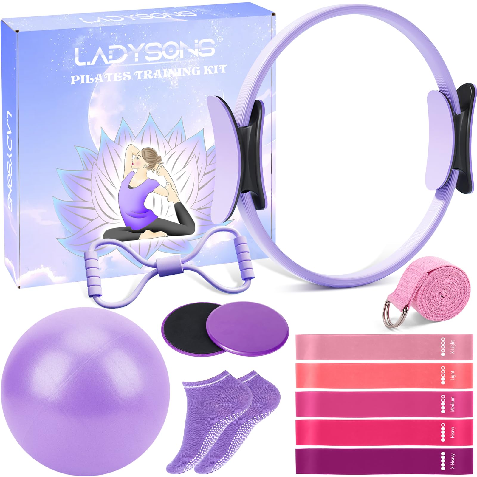 LADYSONS Pilates Ring Set - Pilates Essential Kit mit 32 cm Magic Circle, Pilates Ball, Pilates Bänder, Sliding Disks & Training Poster usw, Fitnessgerät für Zuhause, Premium-Zubehör