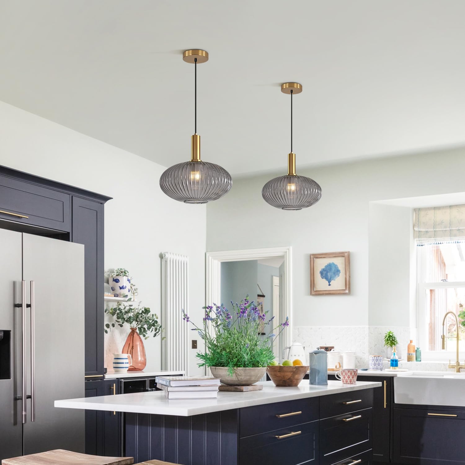 KCO Lighting Mid Century Modern Gold Glass Pendant Lighting Smoke Grey Globe Pendant Lights Kitchen Island Industrial Brass Gold Hanging Ceiling Light Fixture for Dining Room
