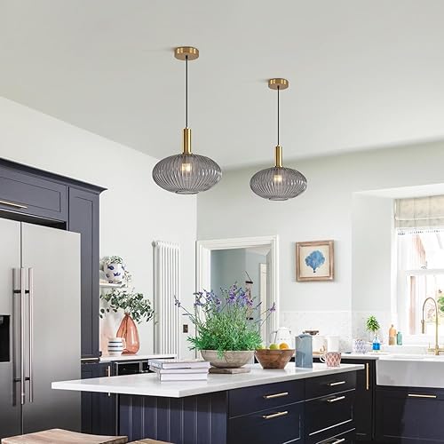 Miniatura 4 de KCO Iluminación colgante de cristal dorado moderno de mediados de siglo, iluminación colgante de globo gris humo, luces colgantes de isla de cocina,