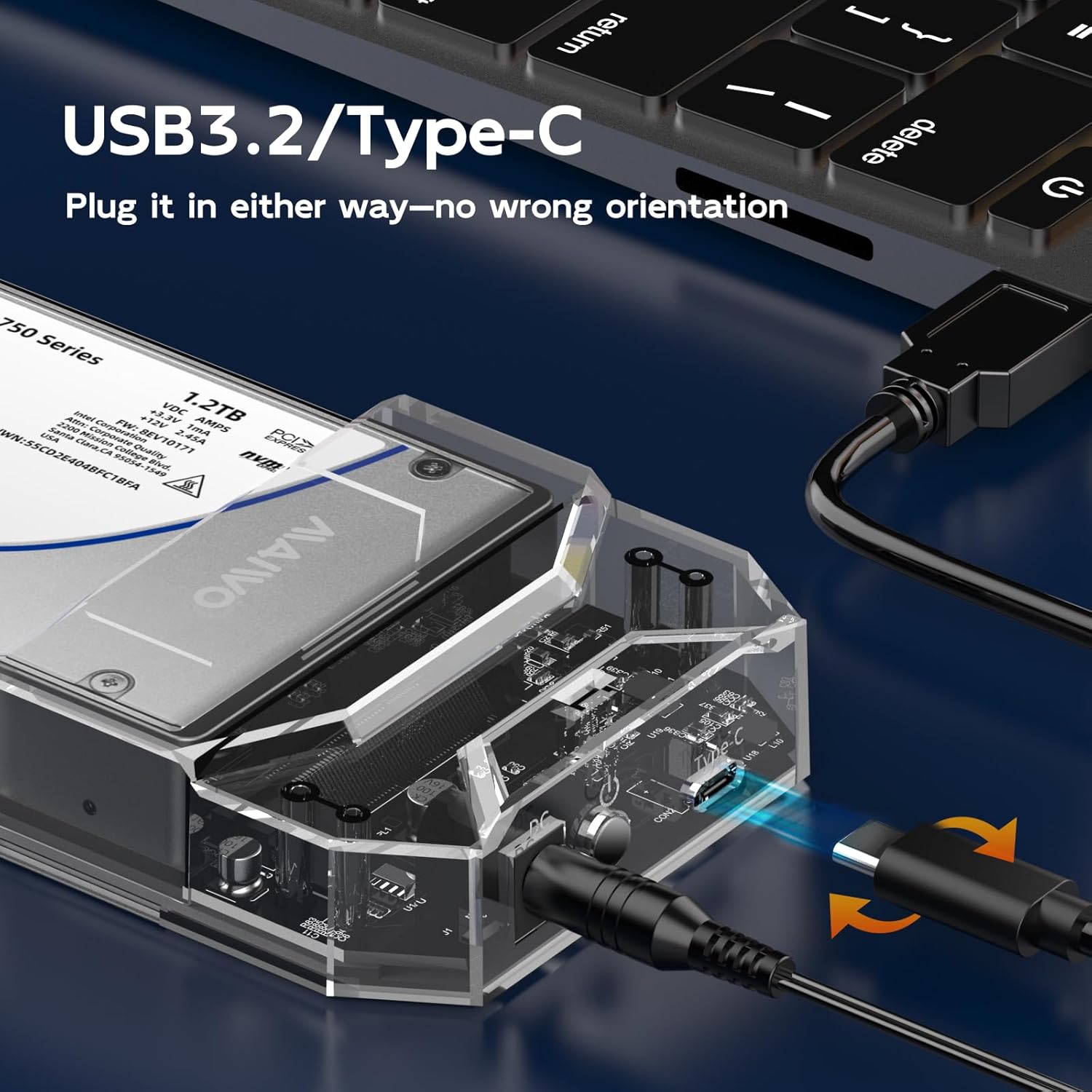 MAIWO U.2 NVMe SSD Enclosure, USB-C to U.2(SFF-8639) Adapter, External 2.5'' U.2 Enclosure, Tool Free, Clear, 12V/3A Power Supply Included, with Indicator Light
