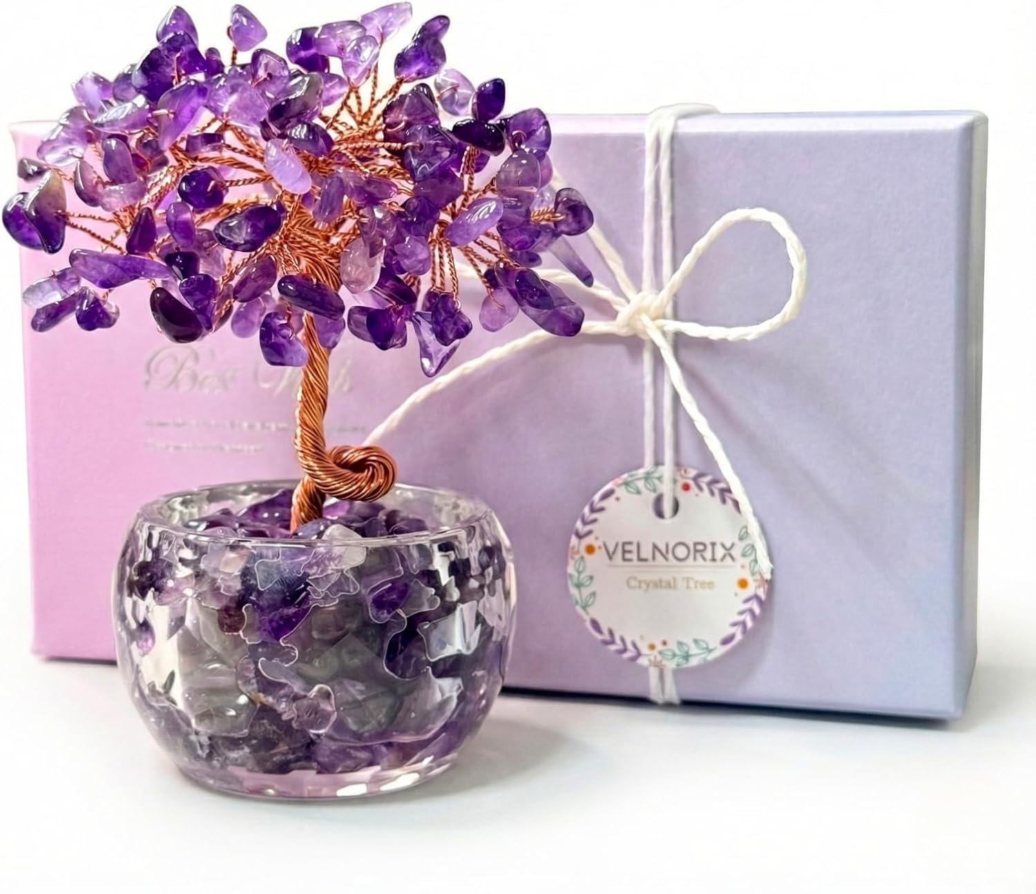 VELNORIX Amethyst Crystal Tree of Life - Natural Gemstone Feng Shui Bonsai - Healing Crystals Decor for Home Office, Meditation, Peace & Wisdom - Spiritual Gifts for Women (Purple)