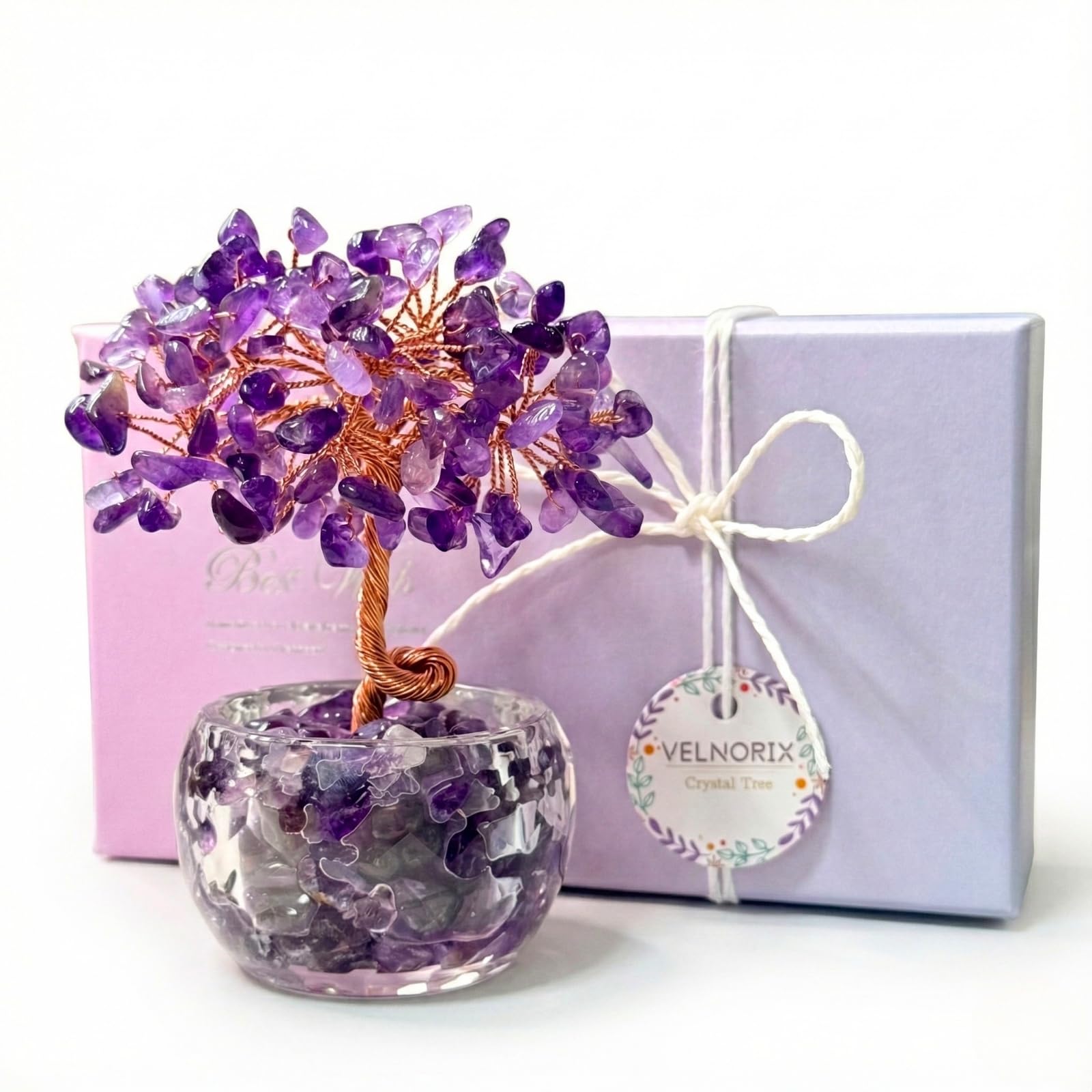 VELNORIX Amethyst Crystal Tree of Life - Natural Gemstone Feng Shui Bonsai - Healing Crystals Decor for Home Office, Meditation, Peace & Wisdom -