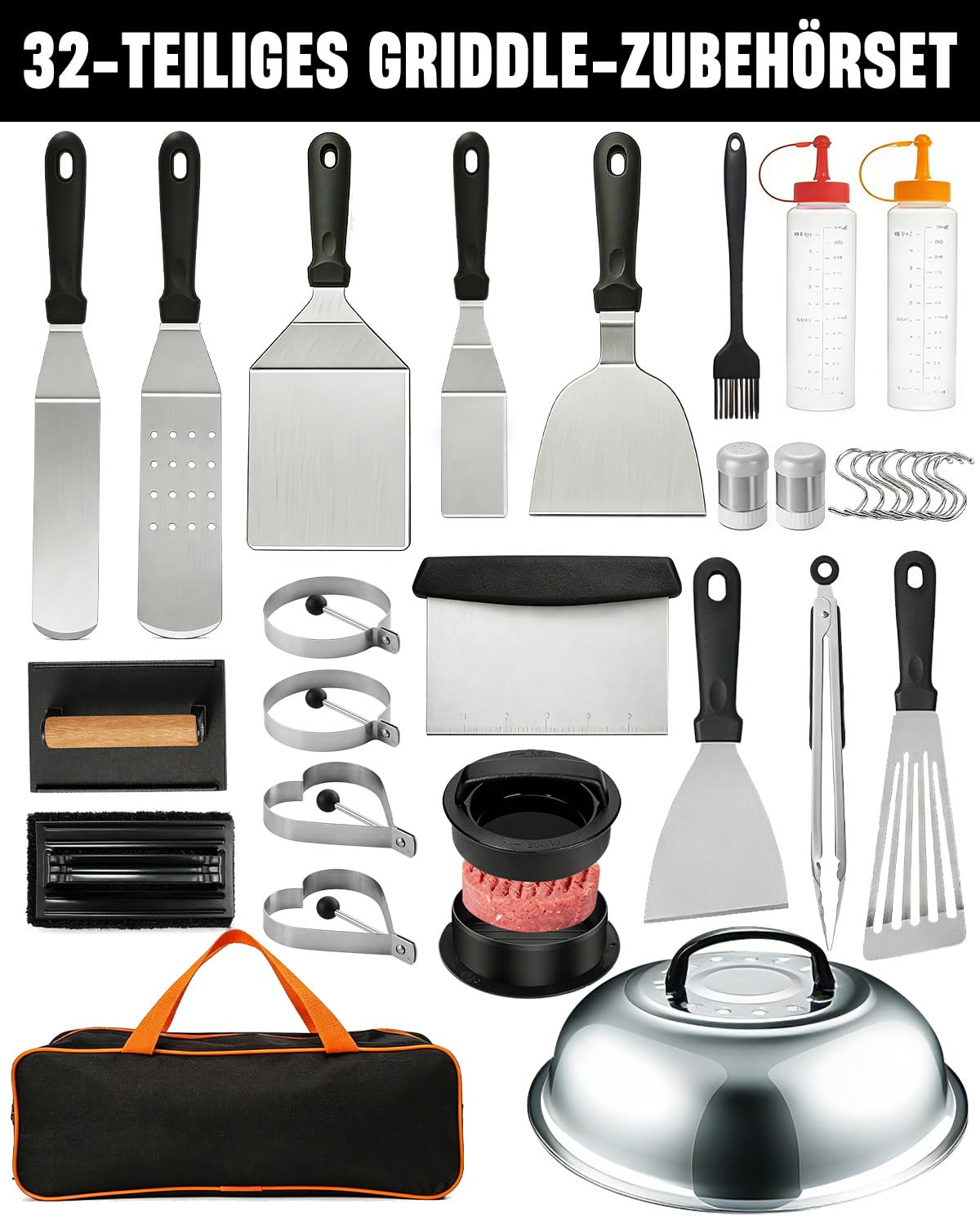 32 teiliges Plancha-Zubehör-Set, BBQ Grillbesteck Set Edelstahl Grillzubehör, mit Plancha-Spachtel, Smash Burgerpress, Burgerglocke, perfektes Grillgeschenk für Männer und Väter