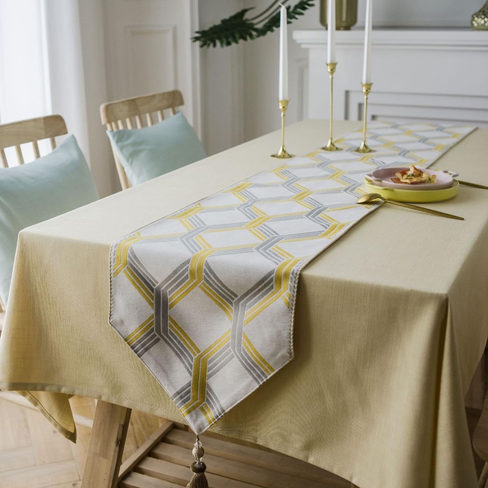 Tischläufer Polyester Landhausstil, Tischläufer Wohnzimmer 35x180 cm, Gestreifter Jacquard mit Quasten