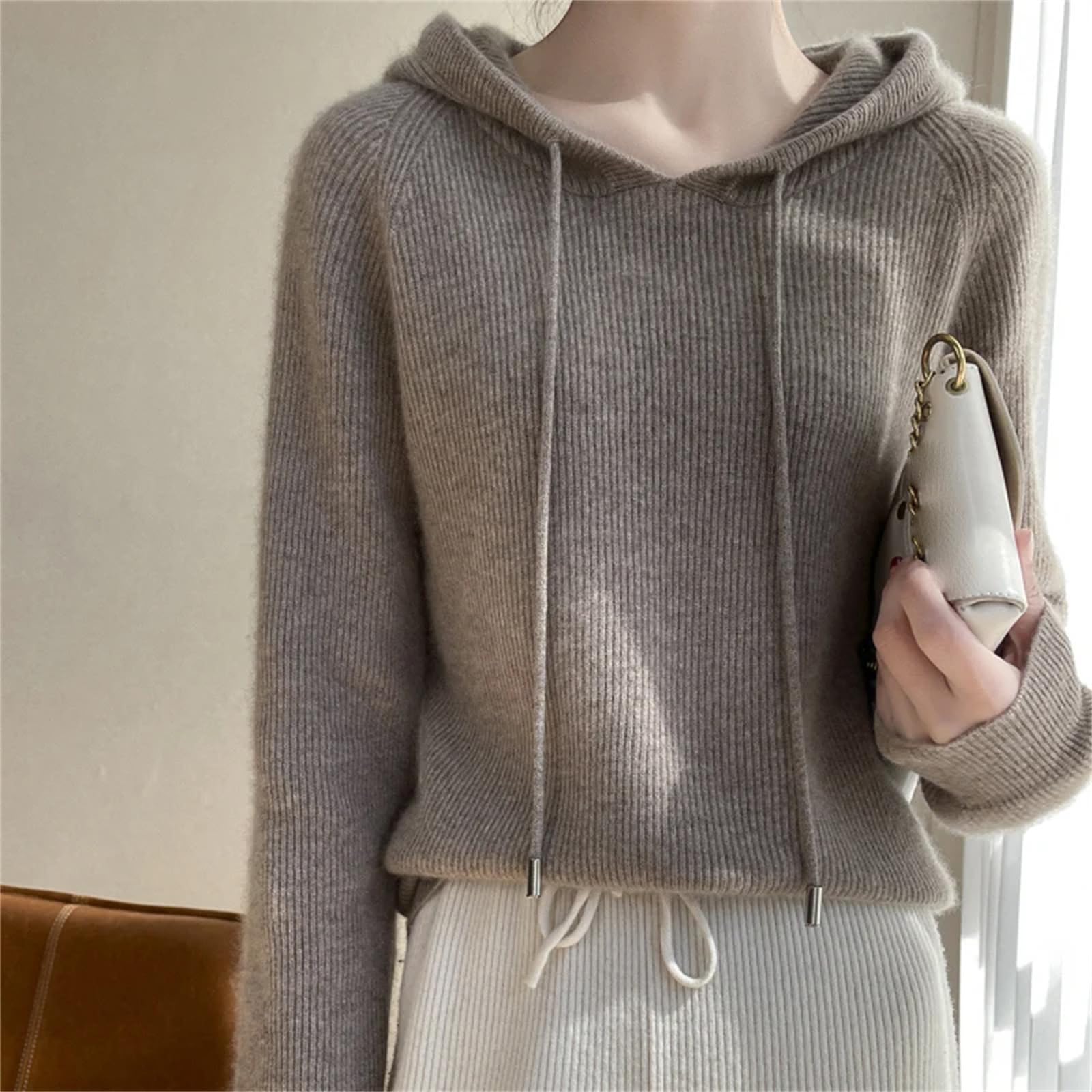 Maglione da donna in cashmere con cappuccio in maglia con cappuccio primaverile con colletto con cappuccio camicia base top allentato giacca da donna bianca, bianco, L