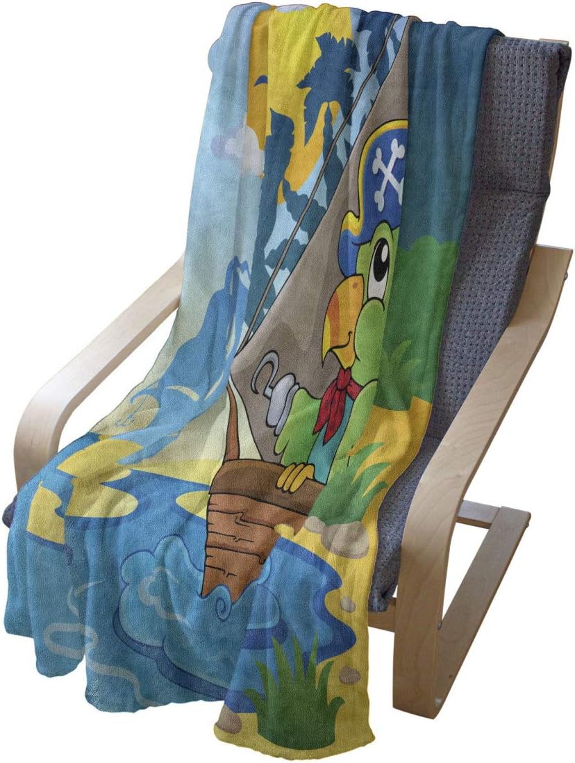 Lunarable Parrots Throw Blanket, Image with Pirate Parrot Theme Boat Danger Skull Crossbones Hat Sun Comic Cartoon, Flannel Fleece Accent Piece Soft Couch Cover for Adults, 50" x 70", Yellow Blue