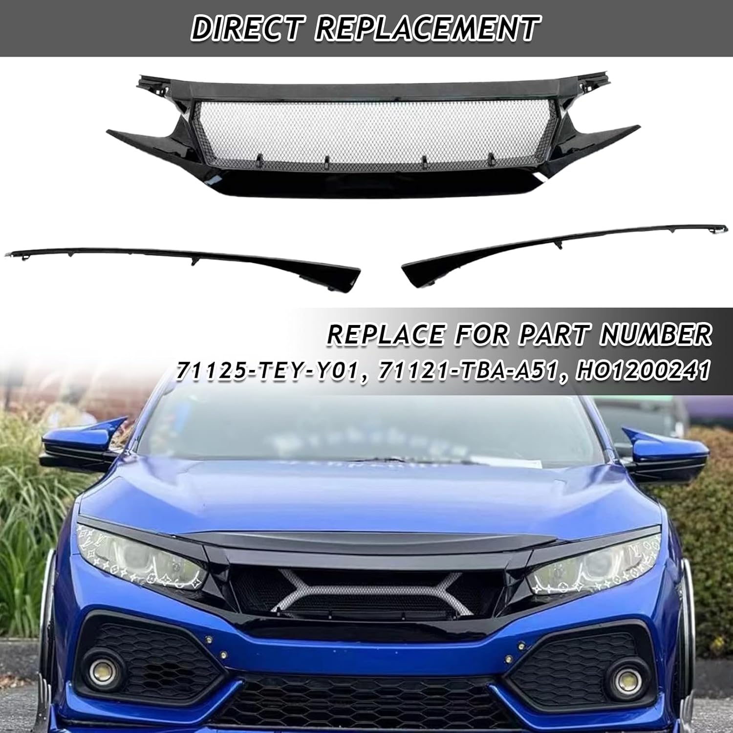 Front Bumper Grille Mesh Grill Fit For 2016-2021 Honda Civic JS STYLE JDM Front Grille Grill + Headlight Eyelid Eyebrows Covers Replacement For 71125TEYY01, 71121TBAA51, HO1200241