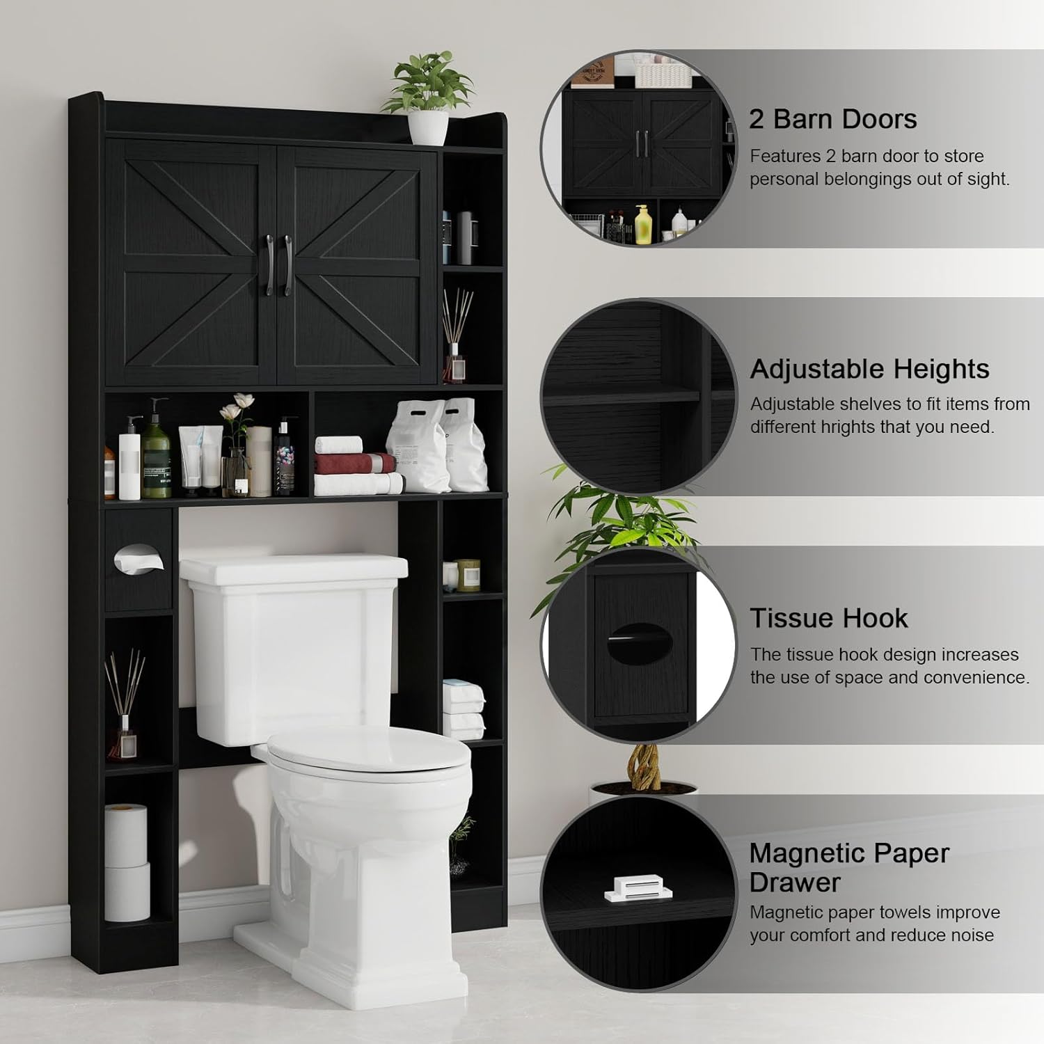 Vabches Over The Toilet Cabinet, Double Doors Bathroom Shelf Organizer with Toilet Paper Holder Stand and Open Storage Shelf, Small Freestanding Space Saver for Restroom, Bathroom, Laundry, Black