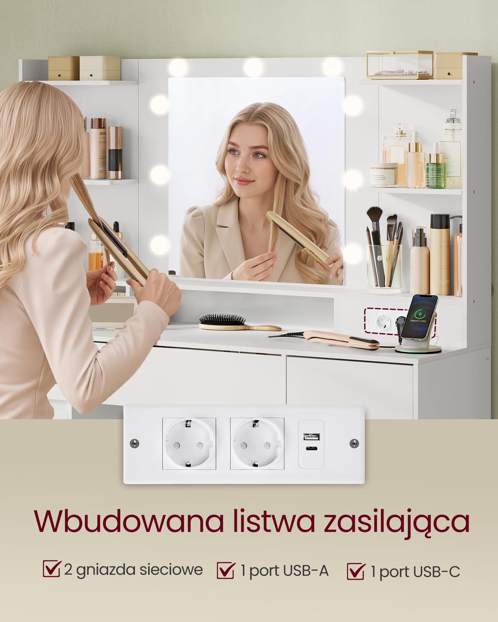 VASAGLE Kolekcja KAILYN – Toaletka z lustrem i oświetleniem LED, listwa zasilająca, 2 szafki, 9 ściemnialnych żarówek, 3 barwy światła, szyny przesuwne bez użycia narzędzi, biały chmurowy RDT142WB02