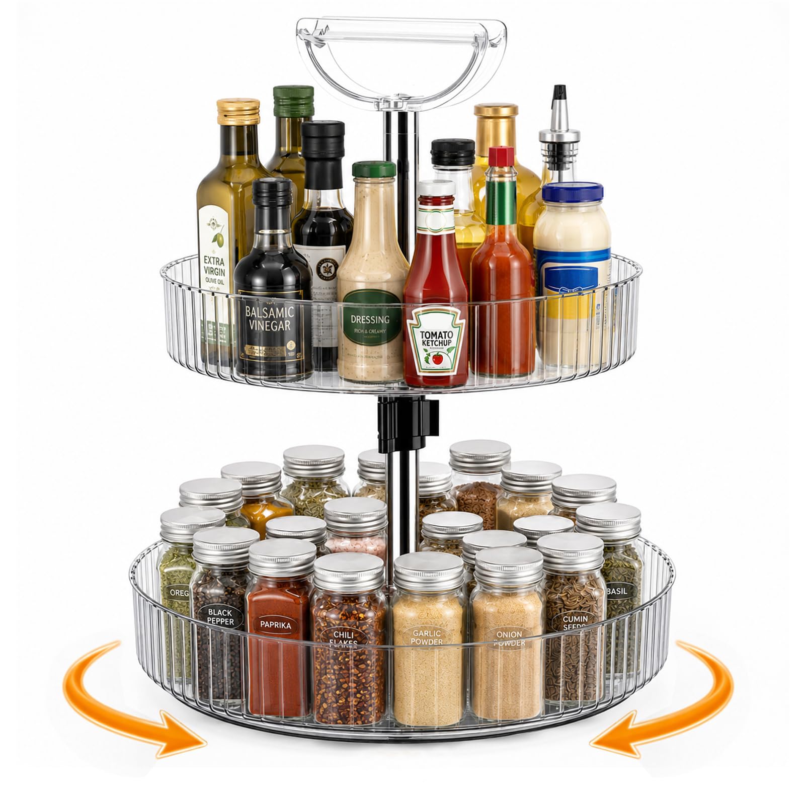 2-Tier Lazy Susan Turntable, Rotating Spice Rack Organiser with Handle, Round Adjustable Height Turntable Organizer Storage Shelf for Kitchen Countertop Pantry Organisers and Storage
