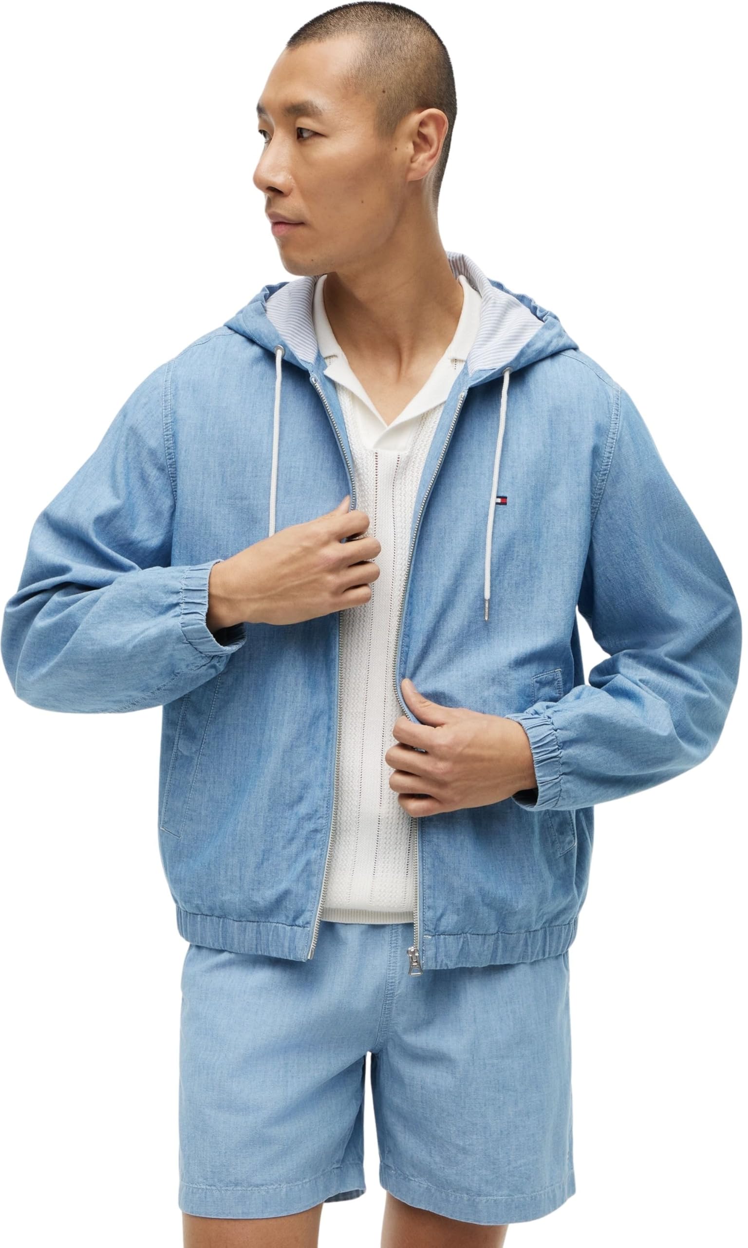 Tommy Hilfiger Herren Übergangsjacke Chambray mit Kapuze, Blau (Mid Wash), XL