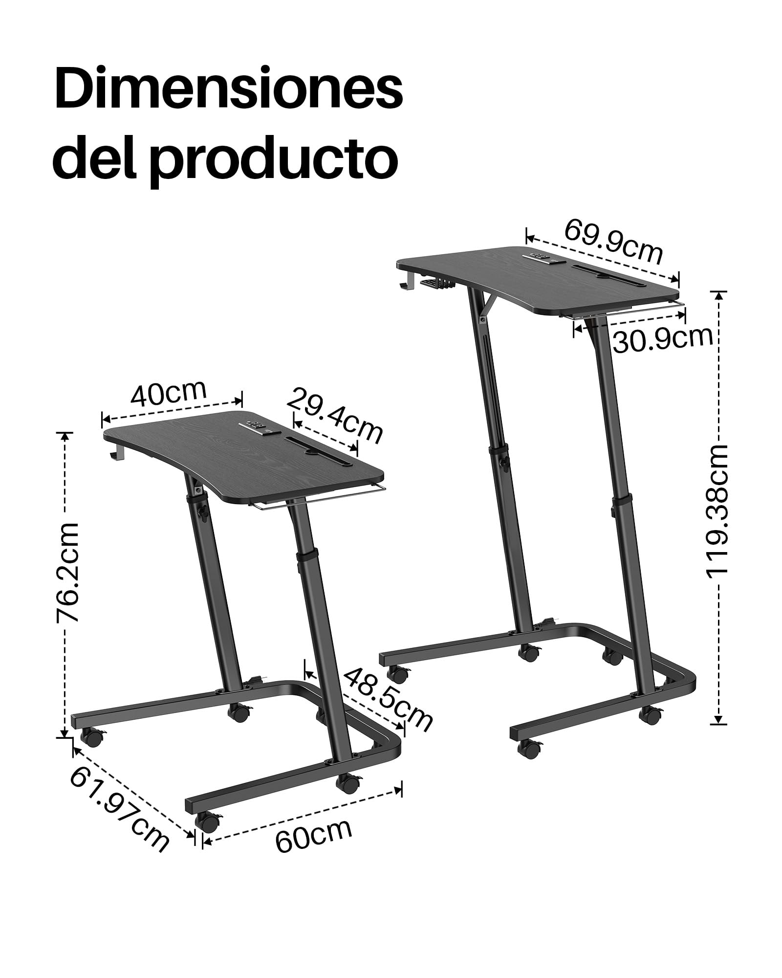 Mesa de entrenamiento con ruedas y altura regulable, mesita de noche y mesa para portátil, mesa auxiliar de altura ajustable para ciclismo en interiores y cinta de correr con soporte para bebidas y