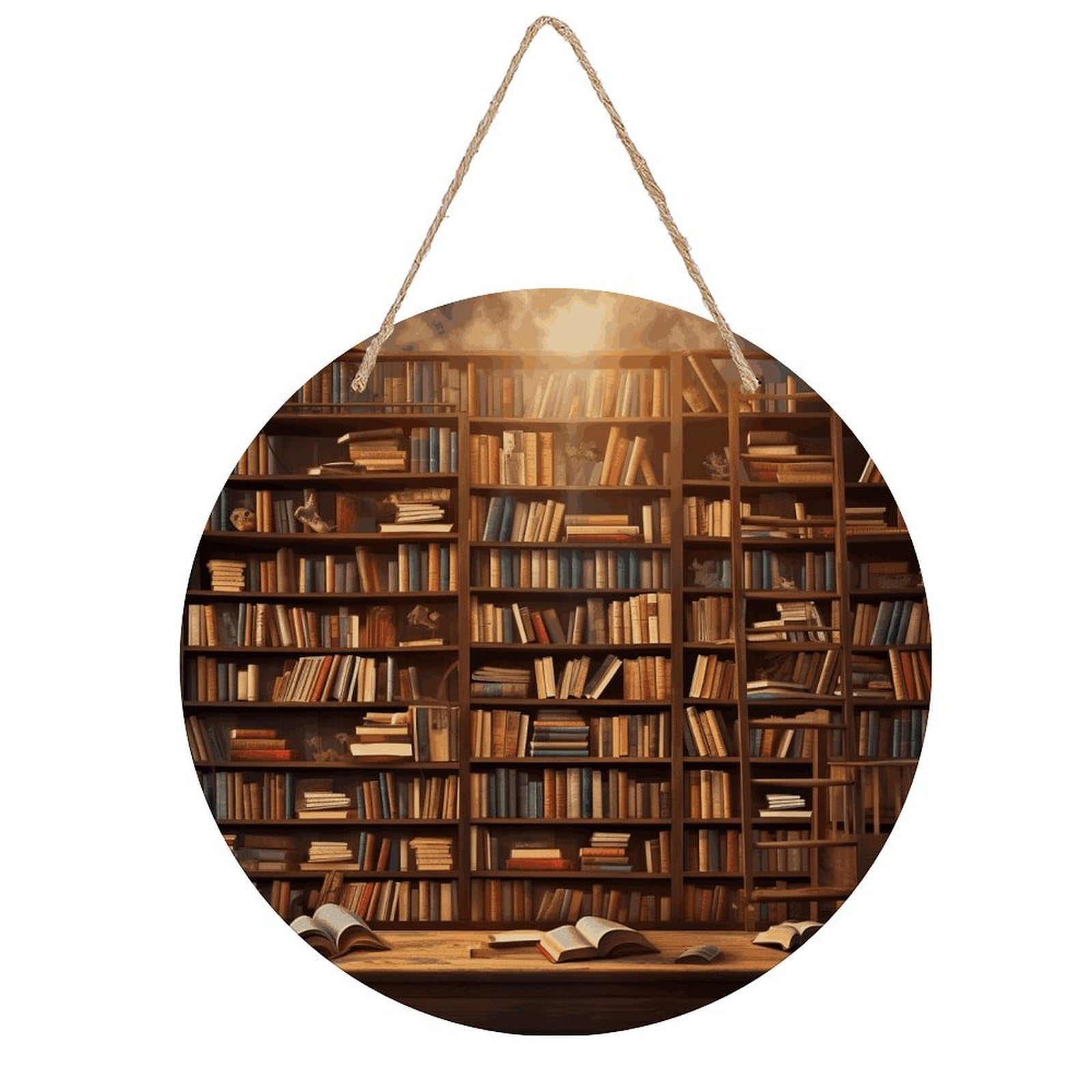 Books Round Wooden Ornaments Unique Wood Decorative Paintings for Christmas Retro-Style Wooden Door Hanger for Crafts Home Holiday Decor Bar 7.87 Inch