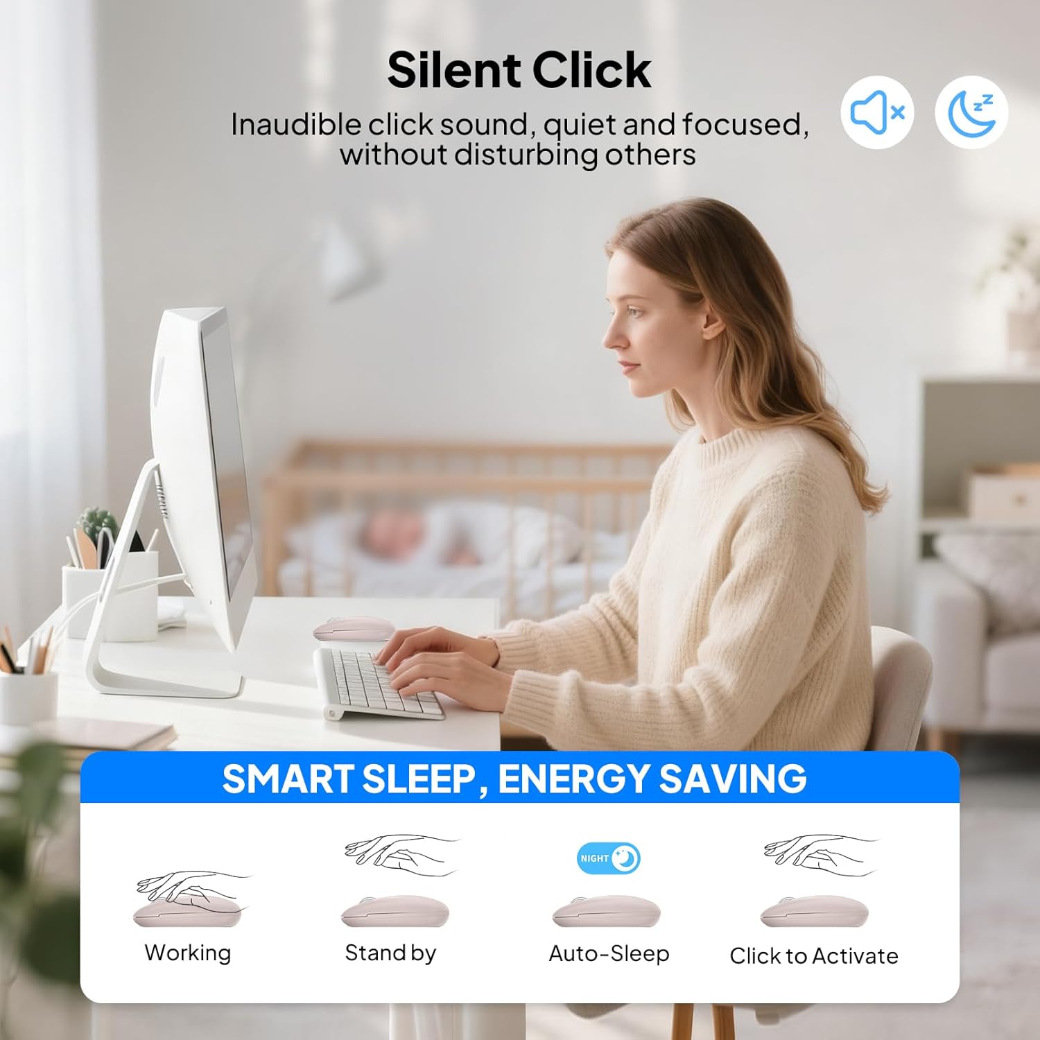 Woman using INFINMIND D970 mouse in a quiet office setting.