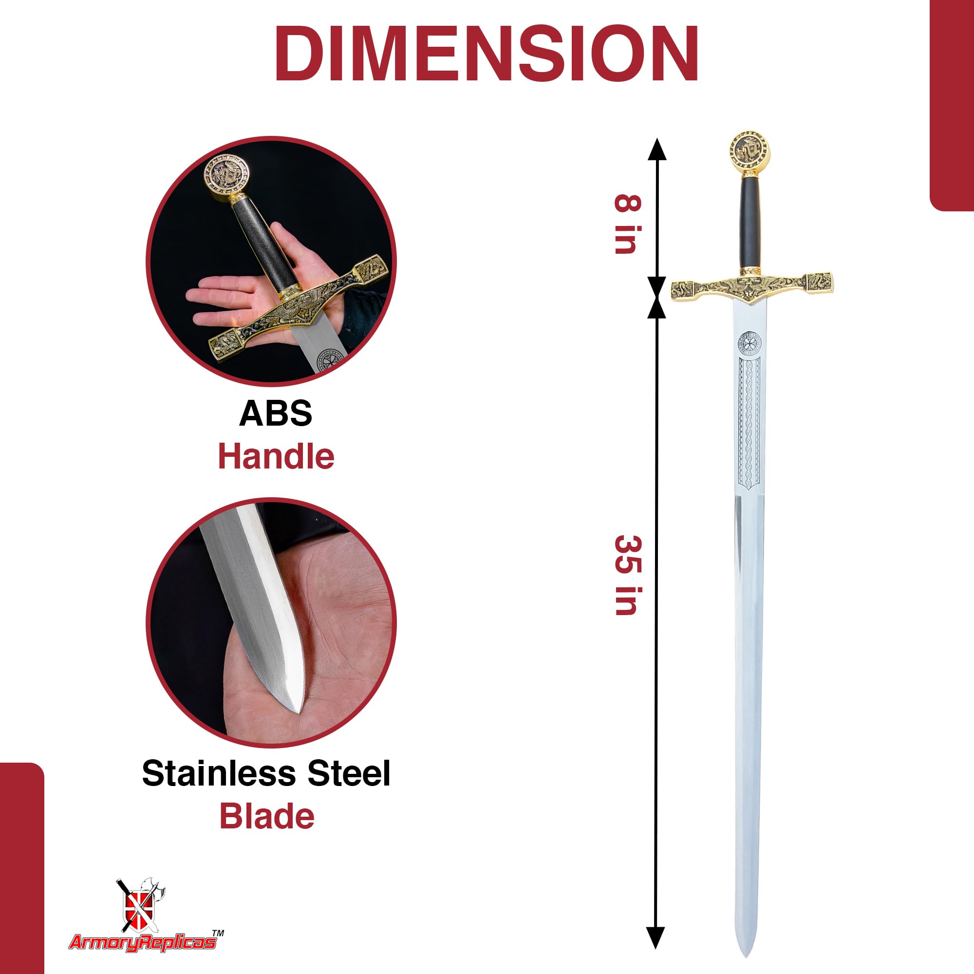 Armory Replicas™ Excalibur Sword of King Arthur – 48” Medieval Replica with Brass Handle & Gold Finish, 440 Stainless Steel Blade, Celtic Design, Free Wooden Display Plaque – Perfect for Collectors