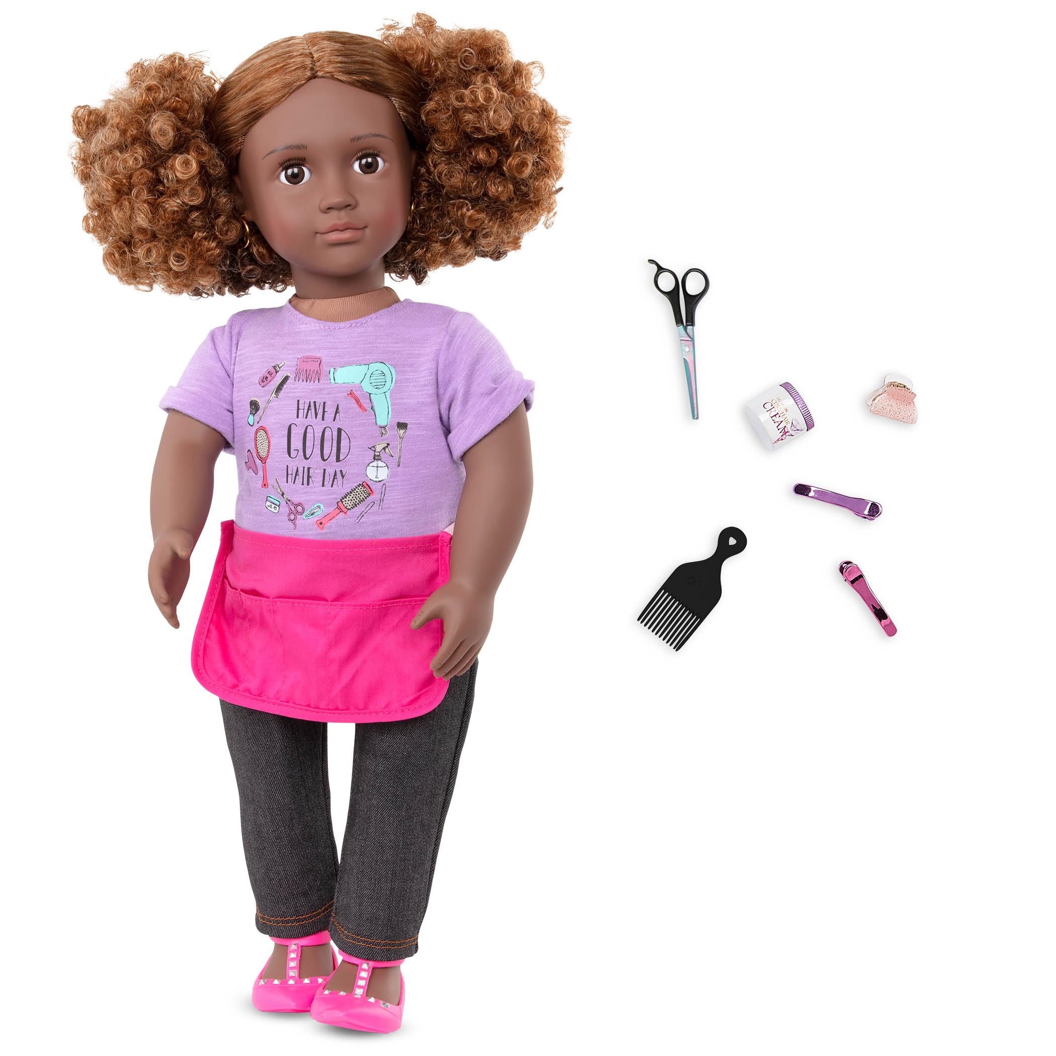Our Generation BD31336Z Doll Ashanti 46 cm Doll with Stylist Apron, Doll Accessories and Great Curls for Hairdressing - Children's Toy from 3 Years - 45422 HCM Kingzel