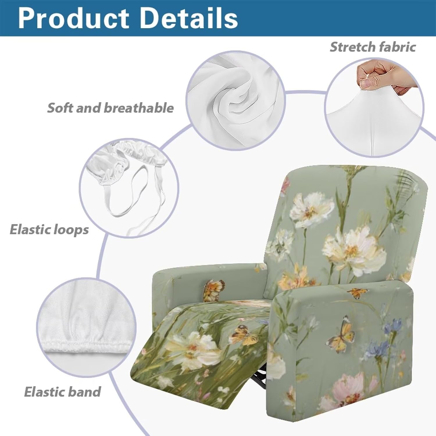 Swosrsggg Wildflowers Stretch Recliner Slipcovers Recliner Chair Covers 4-Piece Lazy Boy Chair Covers Non Slip Reclining Furniture Protector Sofa Couch Cover with Storage Pocket for Living Room