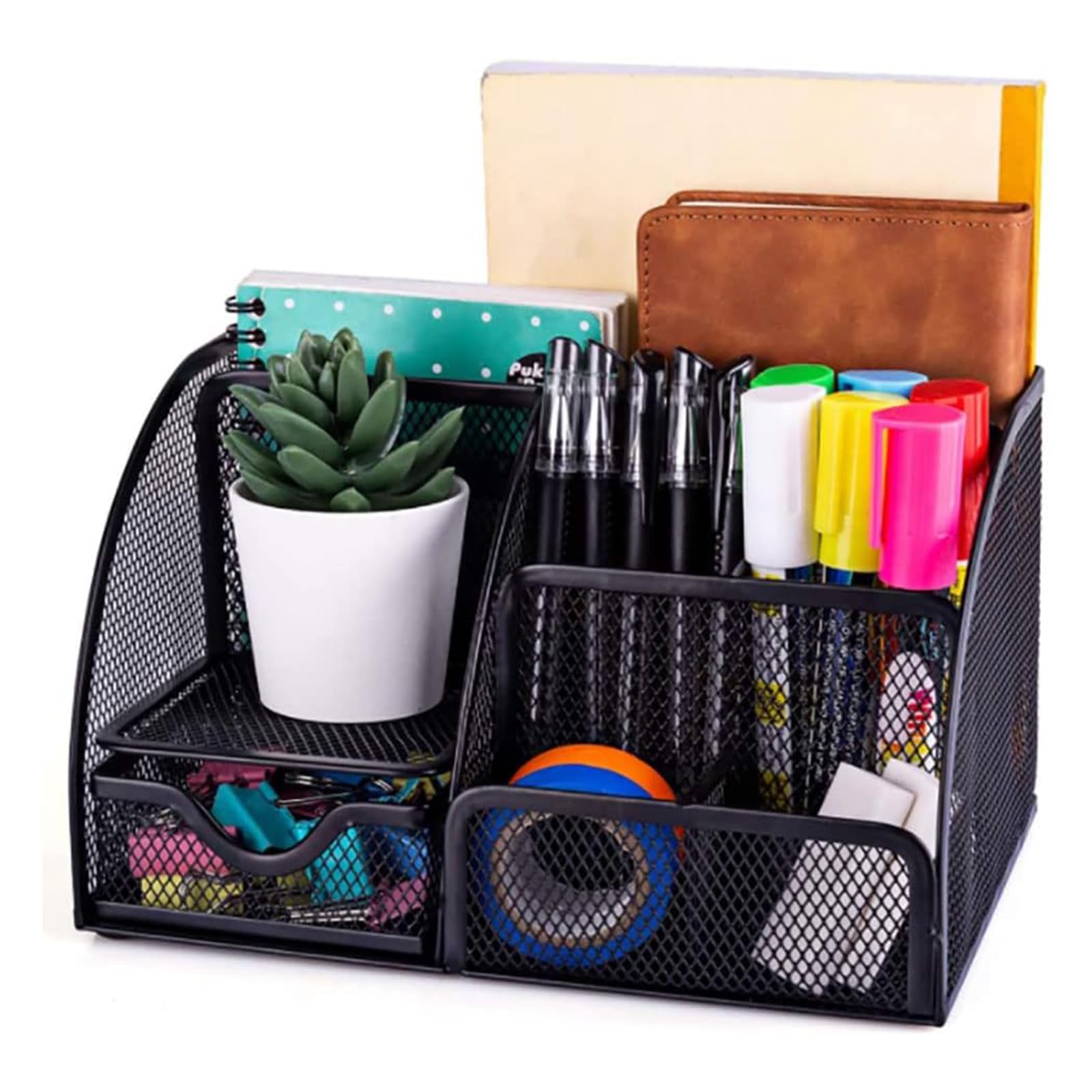 Metal Desk Organizer with Drawers, Office Supplies Organizer with 6 Compartments, Desktop Organizer with Smartphone Holder, Stationary Organizer for Office Home School (A)