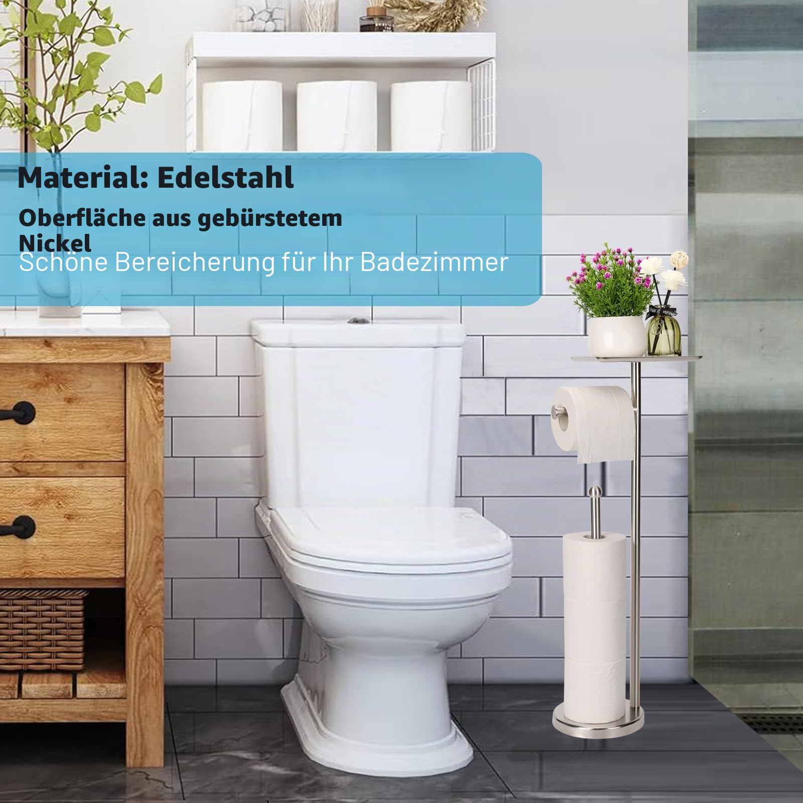 Toilettenpapierhalter mit Ablage, Freistehender Toilettenpapierständer mit Ablage für Kleinteile, Toilettenpapierhalter freistehend, Stauraum für 4 Extra Toilettenpapierrollen (Nickel gebürstet)