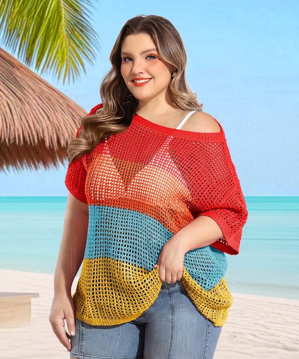 RITERA Plus Size Women Crochet Cover Up Summer Scoop Neck Swimwear Hollow Out Sweater Tops Vacation Beach Shirts XL-5XL - Image 2