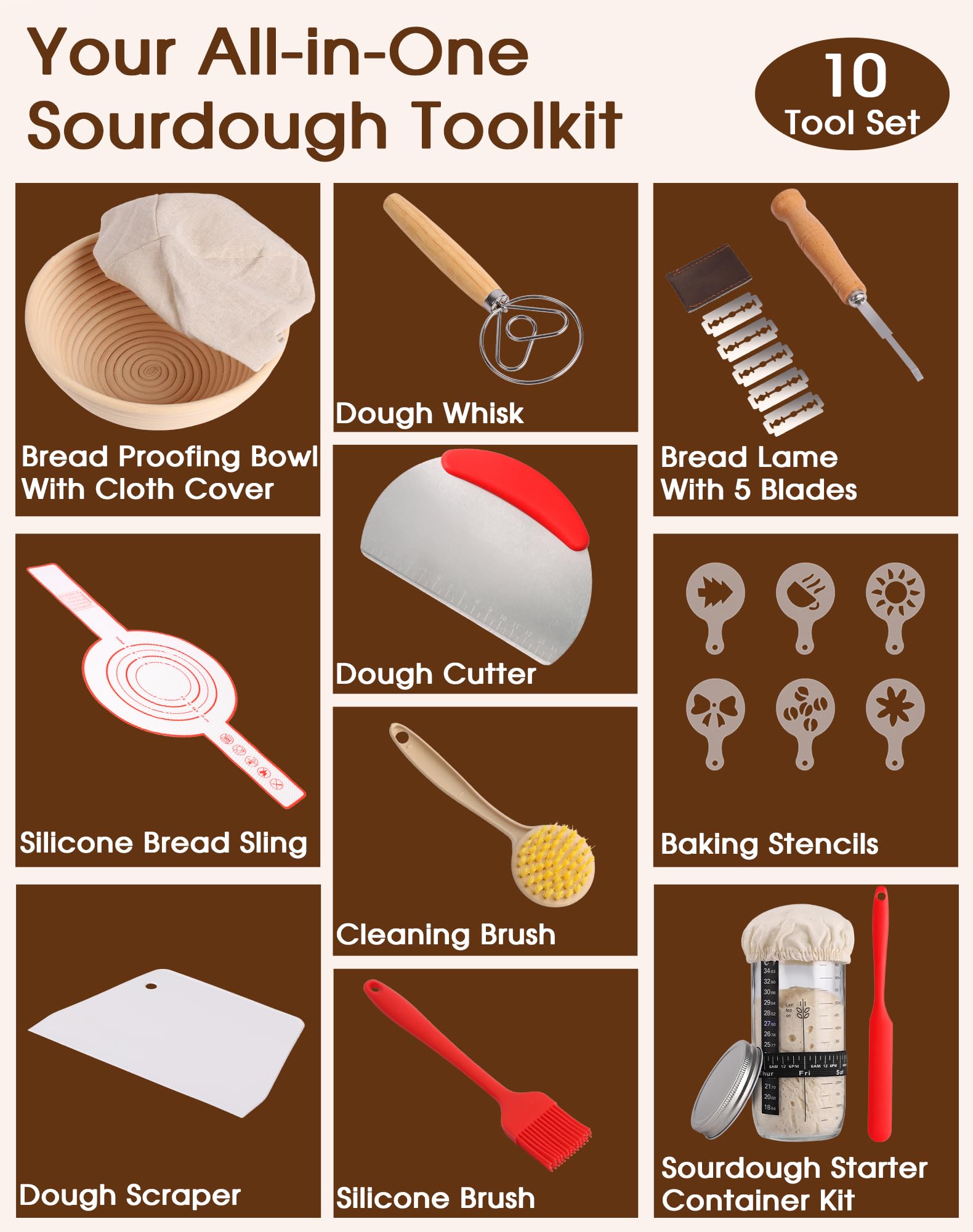 Banneton pour Pain Rond 23 cm, 10 Pièces kit Pain au Levain Sourdough Starter Kit, Kit Boulangerie Professionnel Rotin Naturel pour les Débutants, les Boulangers Expérimentés