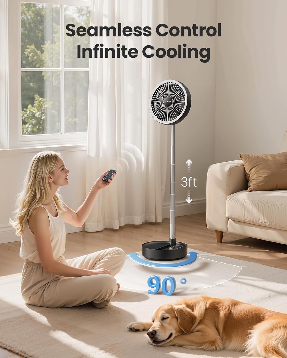 Gaiatop Portable Pedestal Fan 16000mAh Battery [Max 74h Runtime], Foldable Oscillating Standing Fan, Collapsible Desk Fans, LED Light, Case & Remote Control 4 Speeds for Outdoor Travel Camping (Black) - Image 5