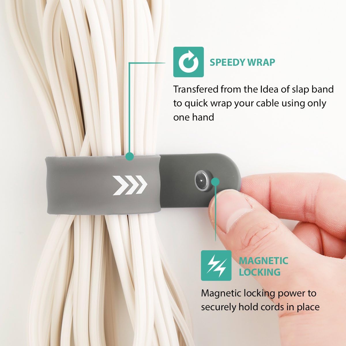 10-Inch Speedy-Wrap, Heavy-Duty Magnetic Silicone Cable Wrap, Grey - Set of 2 image 3