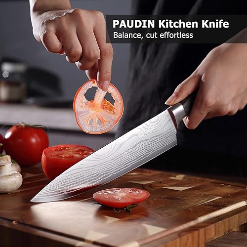 Miniatura 7 de Paudin Cuchillo de chef de acero inoxidable alemán cuchillo de cocina con borde afilado y mango ergonómico de madera ultra afilado y bien