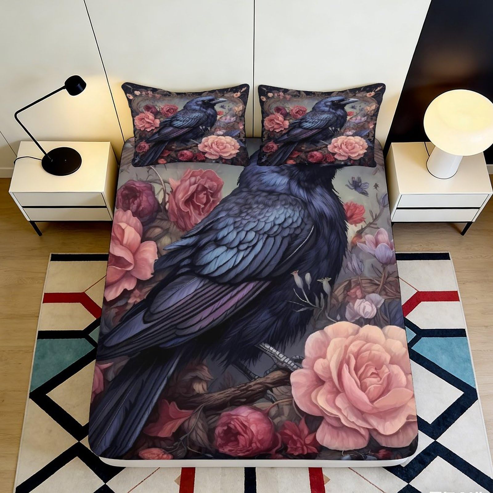 3D Printed Gothic Raven Fitted Sheet Microfiber Soft Durable Floral Bed Cover for Bedroom Dormitory Guest Room Mattress Protection Decoration 120x200x25cm