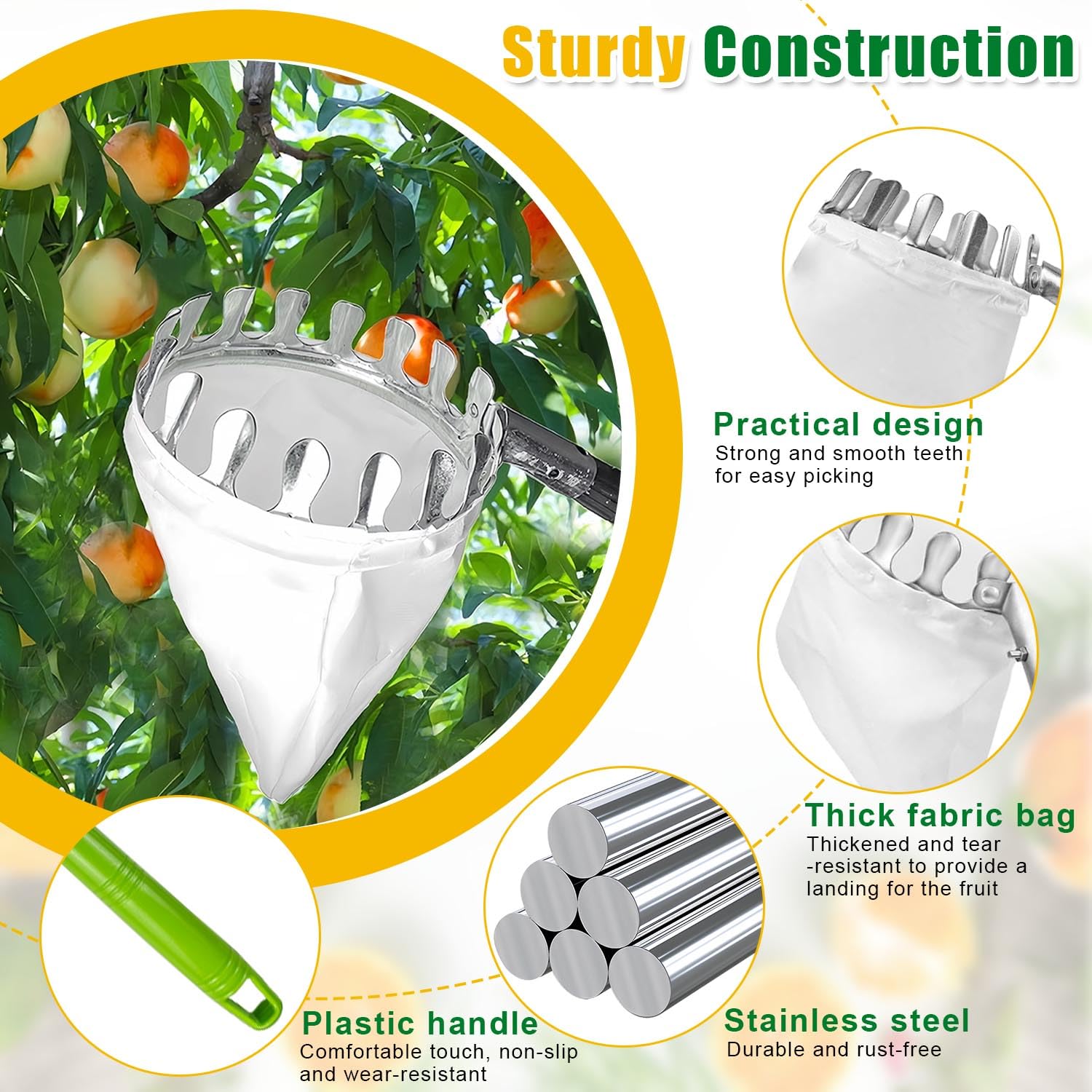 Recoge Frutas Telescopico, 2,2 m Recogedor De Frutas, Recolector De Frutas, Recogedor de Frutas con Varillas de Extensión,Recoge Frutas de árboles,Frutas Herramientas Recolectoras